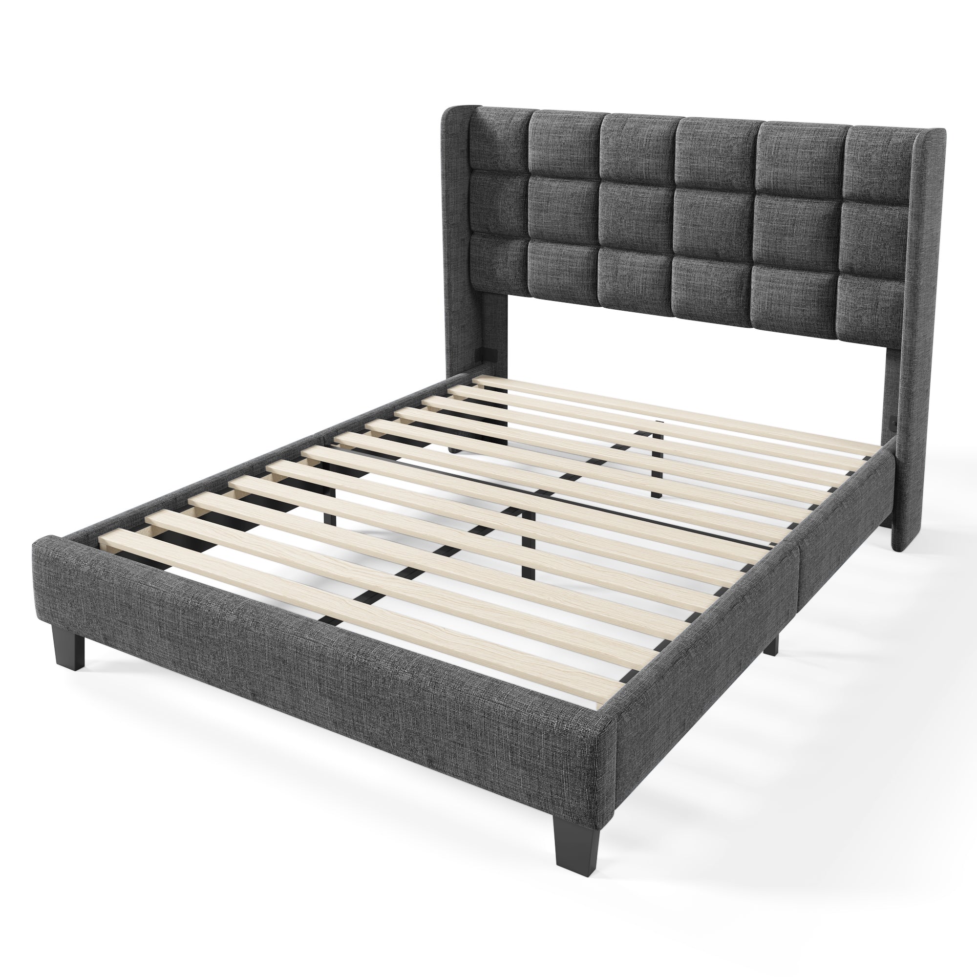Logidon Upholstered Bed 140x200 cm Gray Linen With Padded Headboard
