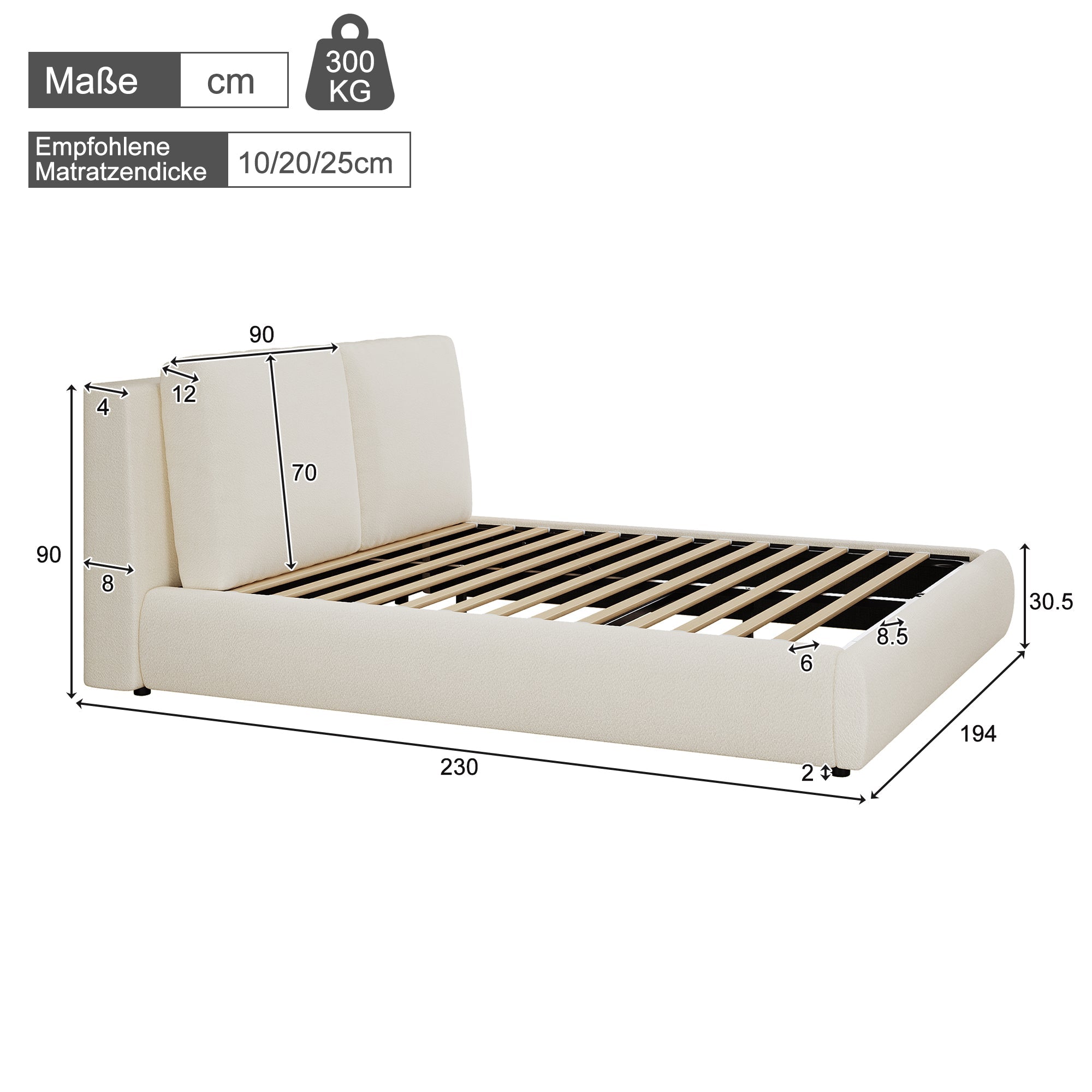 Logidon gestoffeerd bed 180x200 cm met opbergruimte en hydrauliek beige bouclé