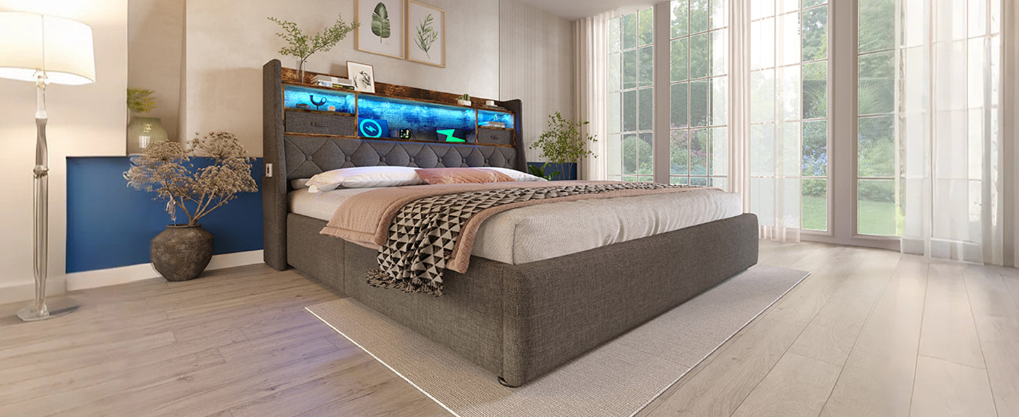 Logidon gestoffeerd bed 160x200 cm met opbergruimte, LED-hoofdbord, USB-C