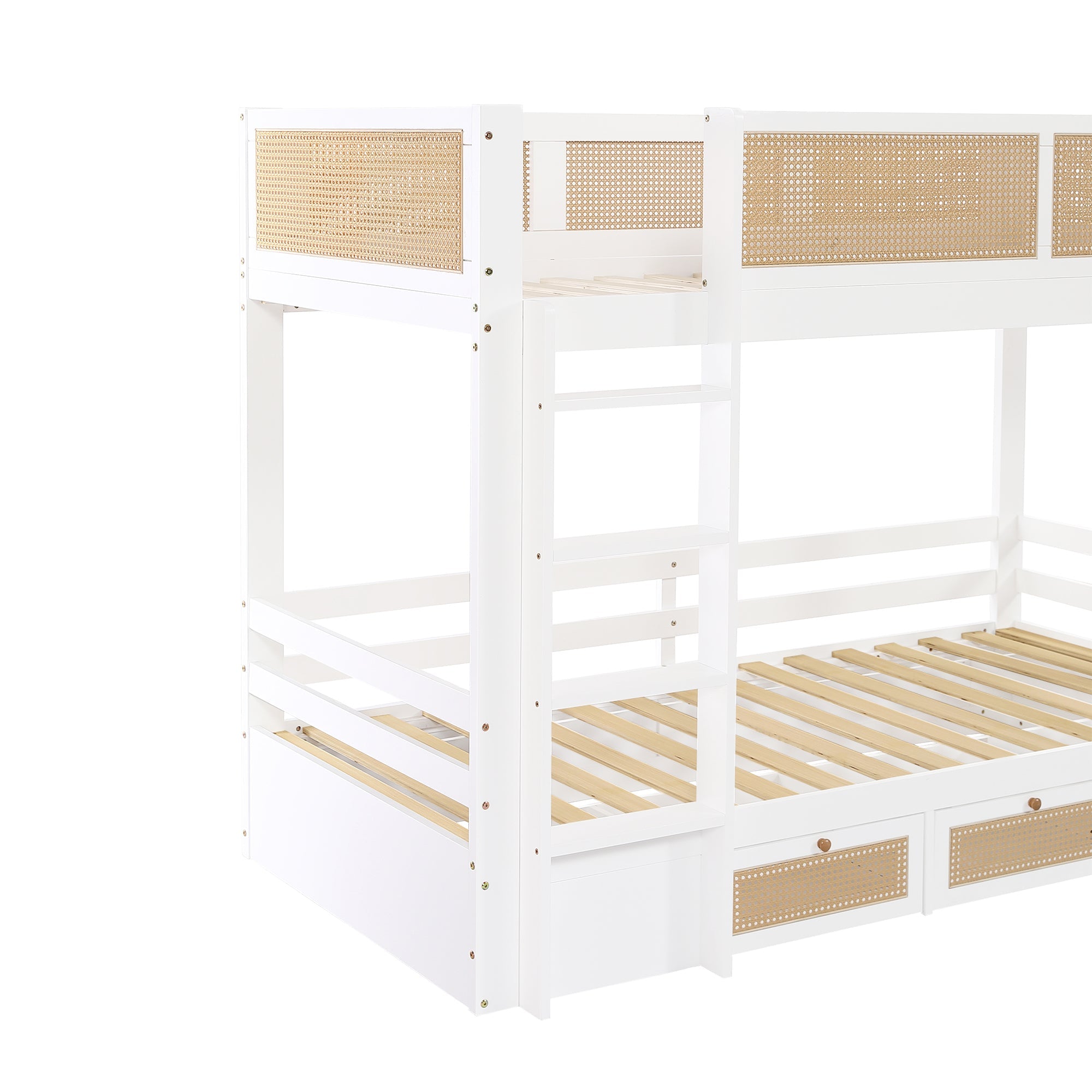 Logidon stapelbed 90x200 cm wit met rotan hekwerk drie lades