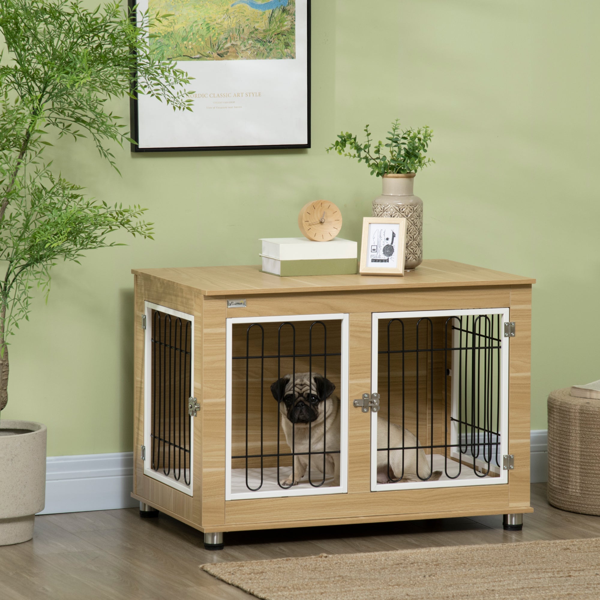 Logidon hondenhok eiken 90x58x65 cm met dubbele deuren en kussens