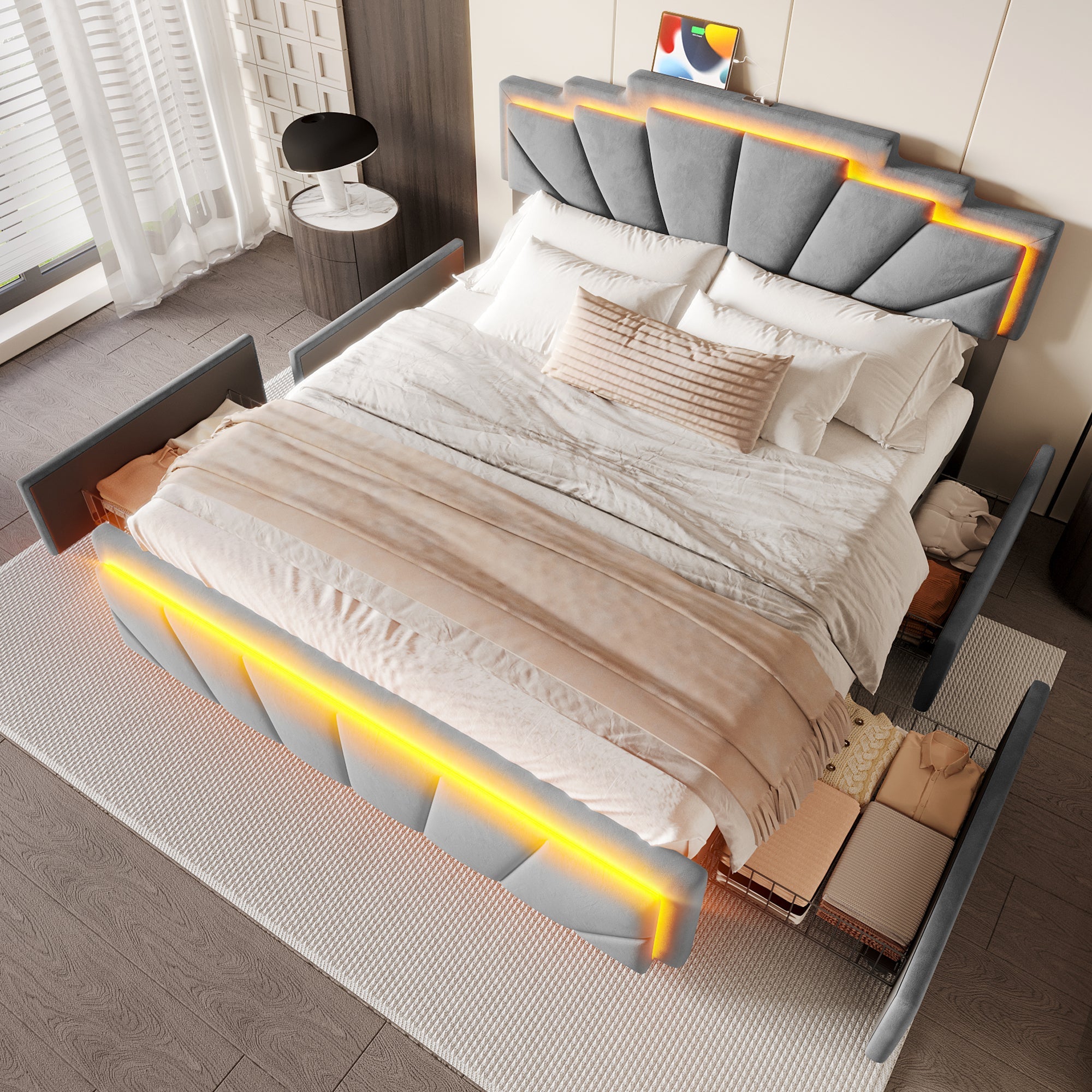 Logidon gestoffeerd bed 160x200 cm donkergrijs fluweel LED-hoofdbord