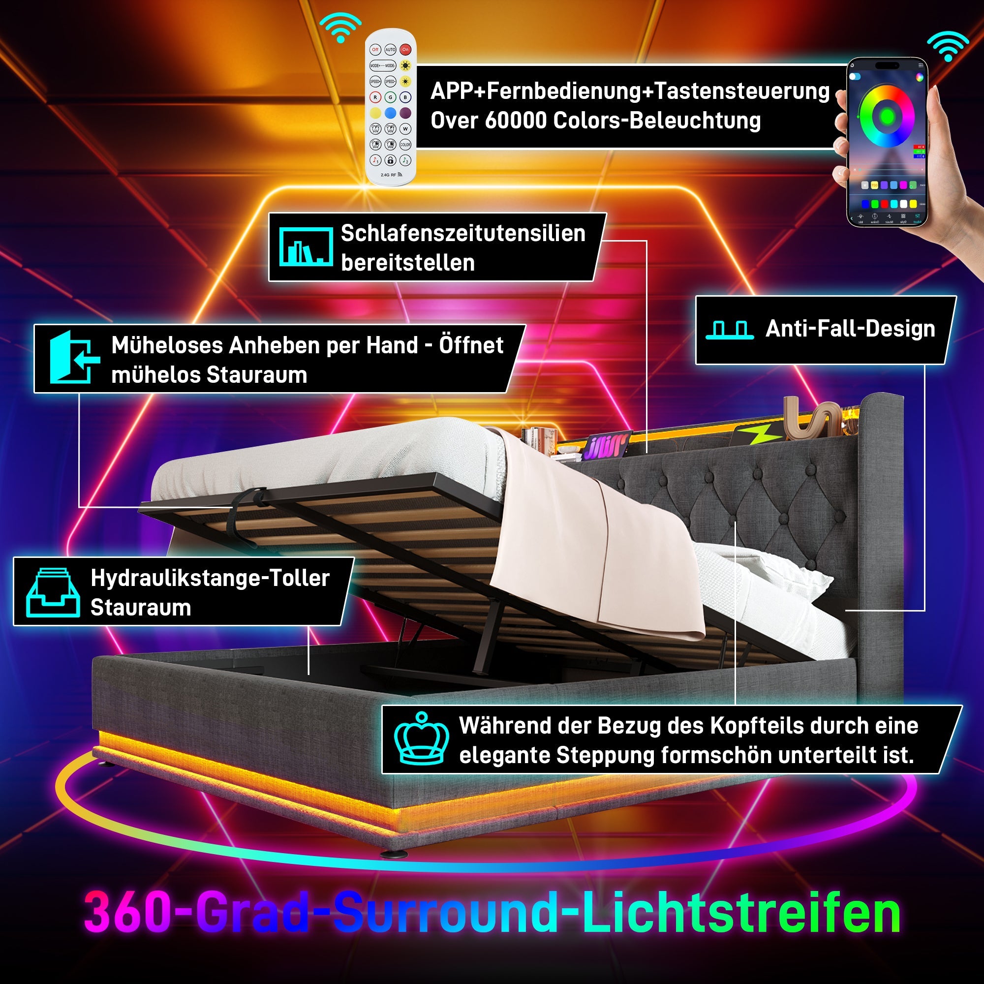 Logidon gestoffeerd bed tweepersoonsbed 180x200 cm grijs linnen LED-verlichting USB C