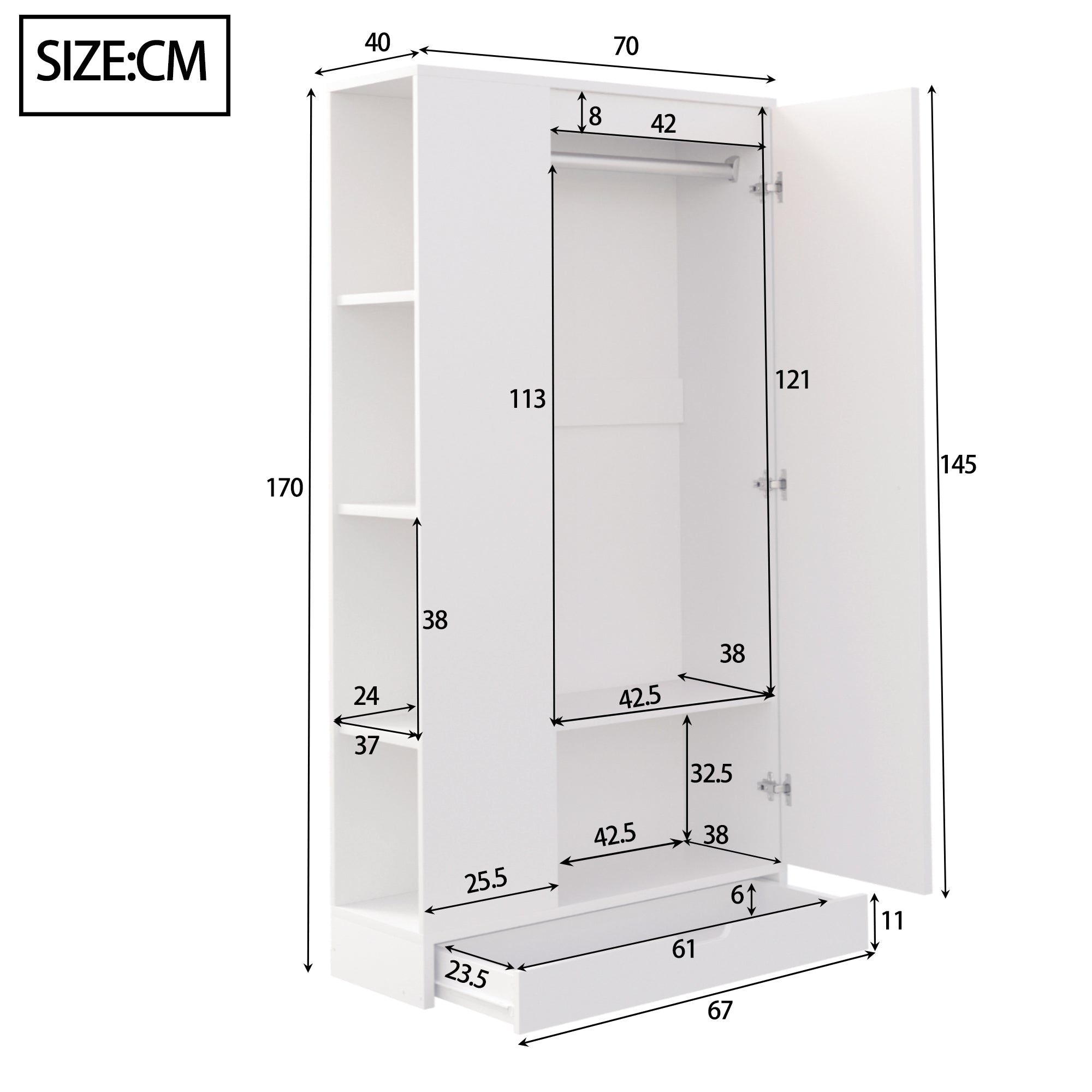 Logidon kledingkast 70x40x170 centimeter enkele deur planken wit