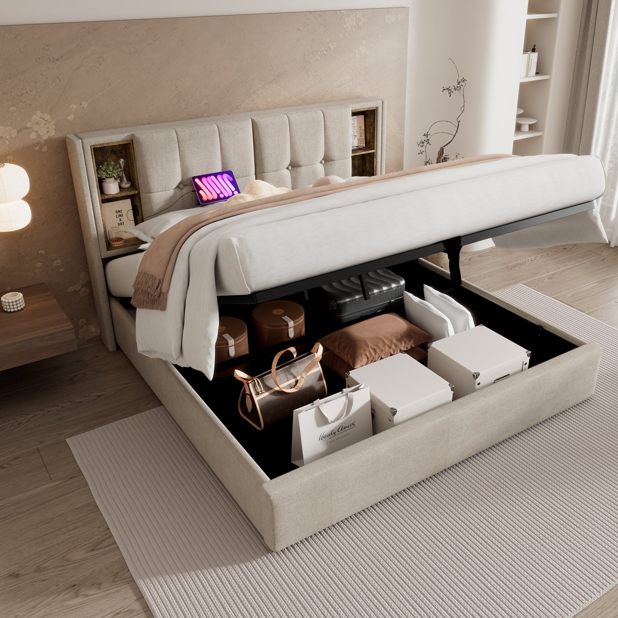 Logidon tweepersoonsbed 180x200 natuurlijk linnen draadloos opladen USB-C opslagruimte