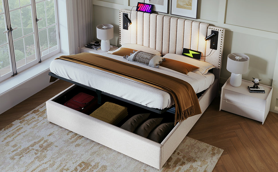 Logidon gestoffeerd bed 160x200 beige met opbergruimte en USB-leeslamp