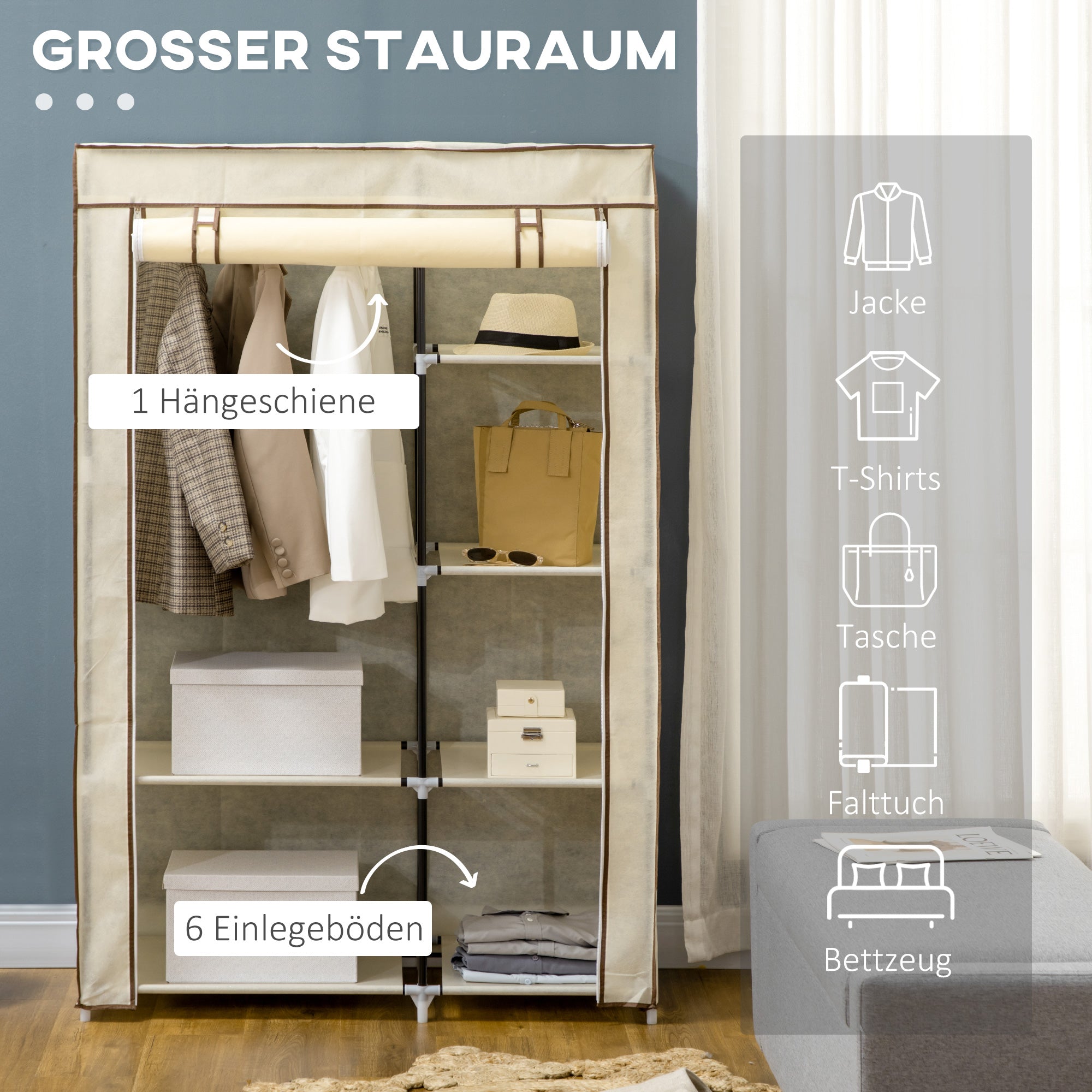 Logidon Crème Opvouwbare stoffen kast met 2 stangen en 6 vakken 103x43x162 cm