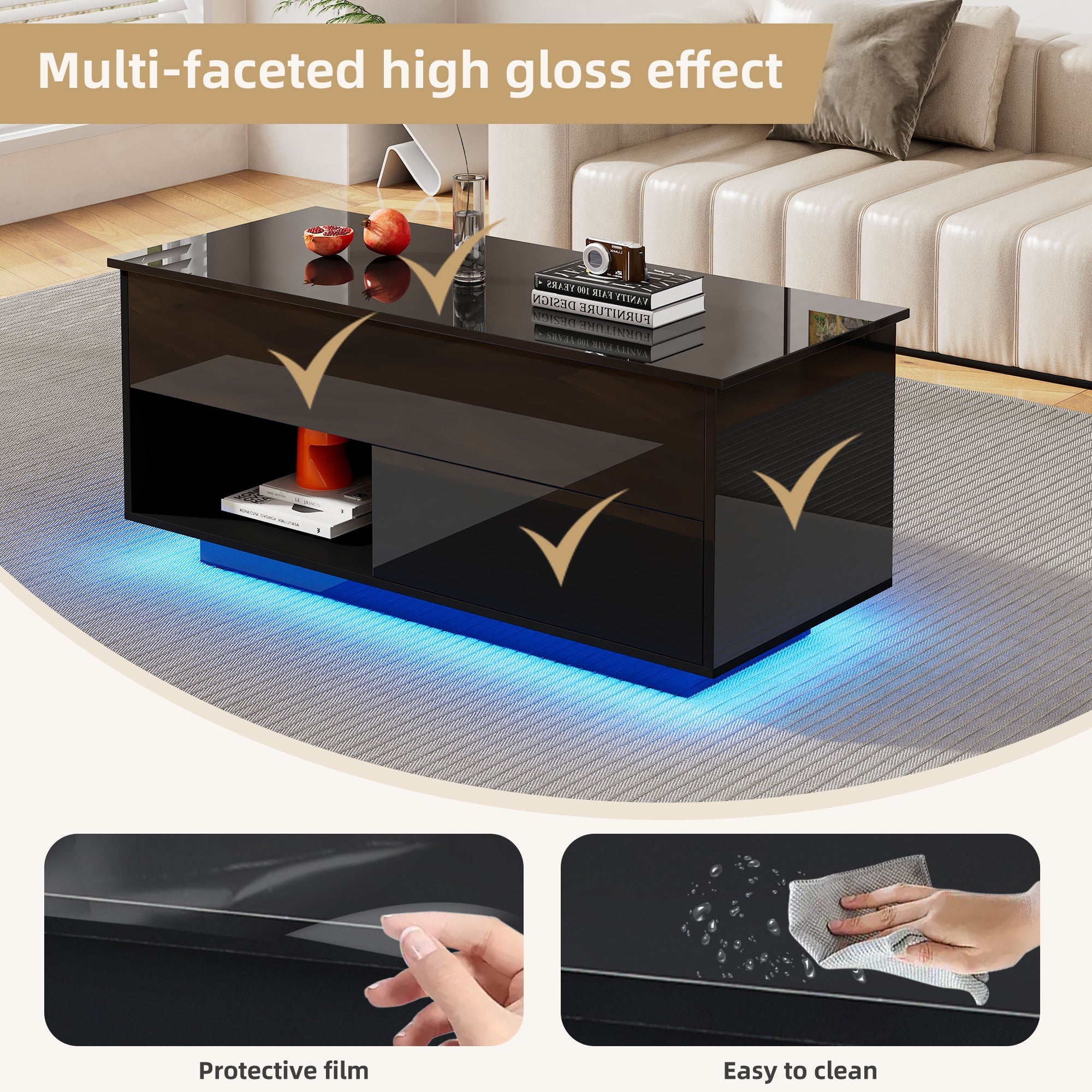 Logidon hoogglans salontafel 100x50x55 cm zwart LED-verlichting