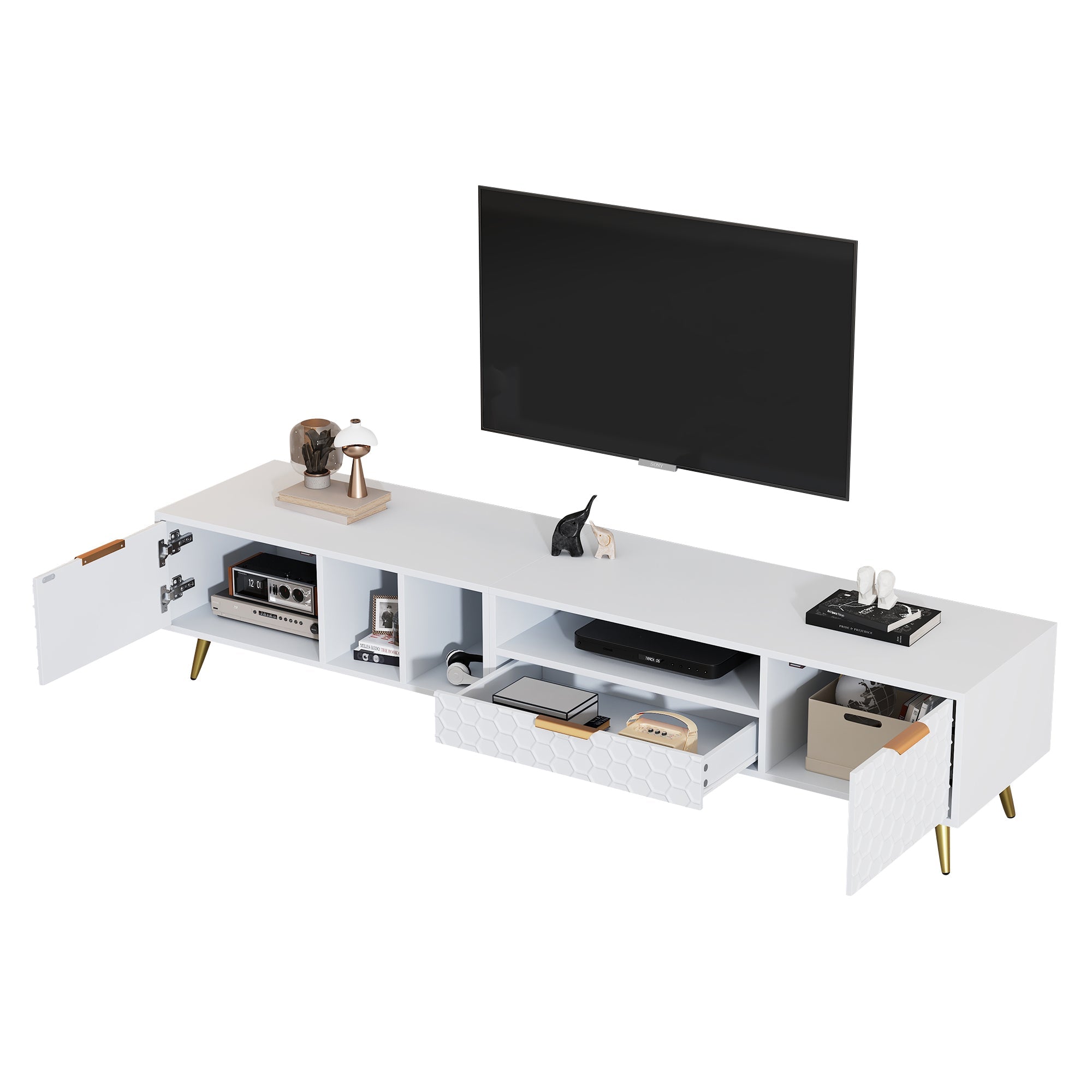 Logidon witte tv-standaard met honingraatpatroon en opslagruimte voor maximaal 80 inch