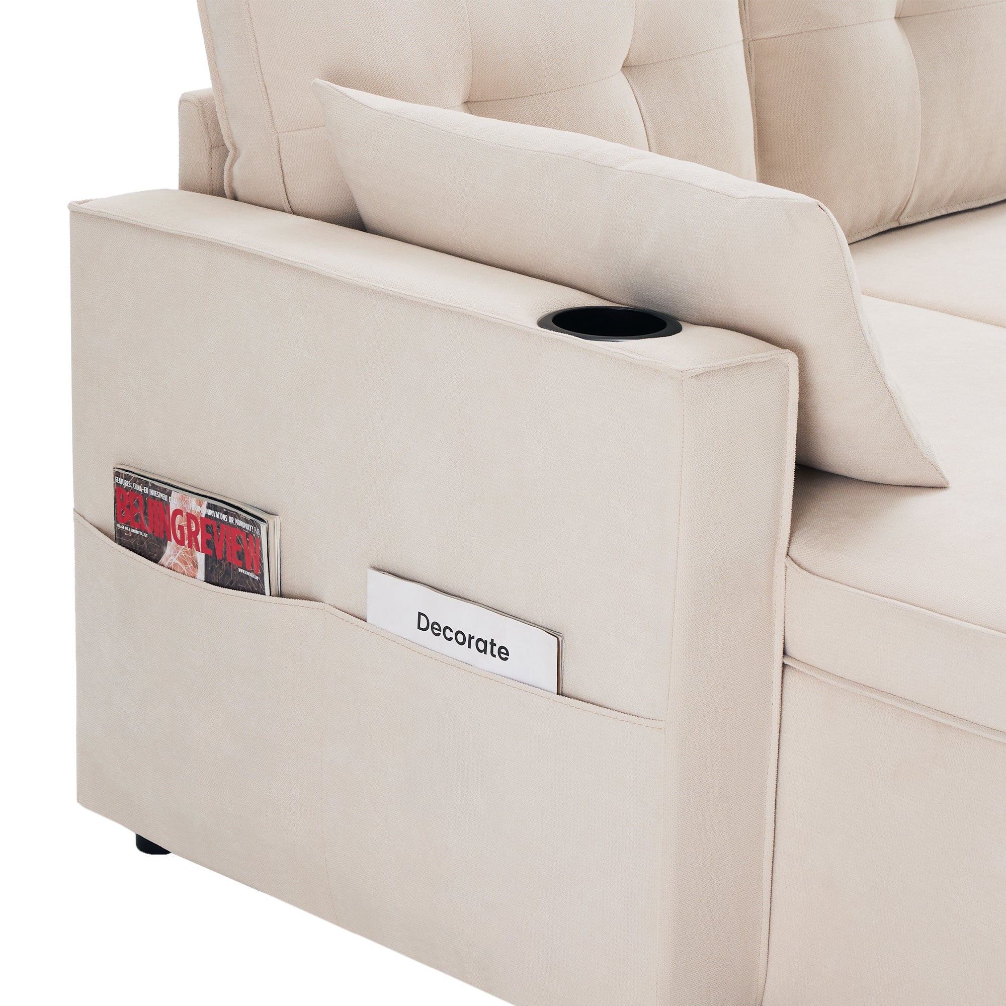 Logidon U-vormige slaapbank, beige stof, grote 4-zits bekerhouder