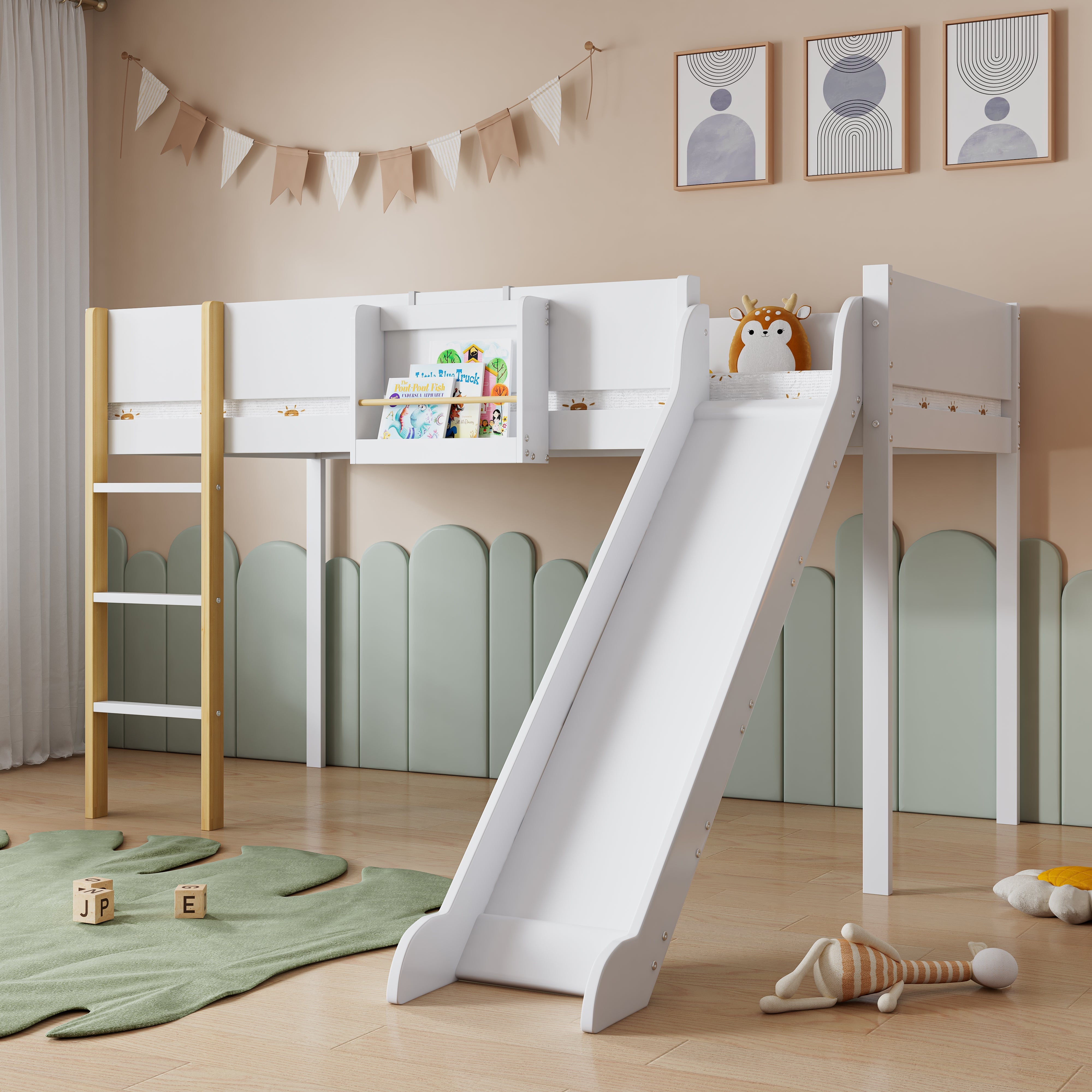 Logidon hoogslaper met drietrapsladder en glijbaan 90x200cm