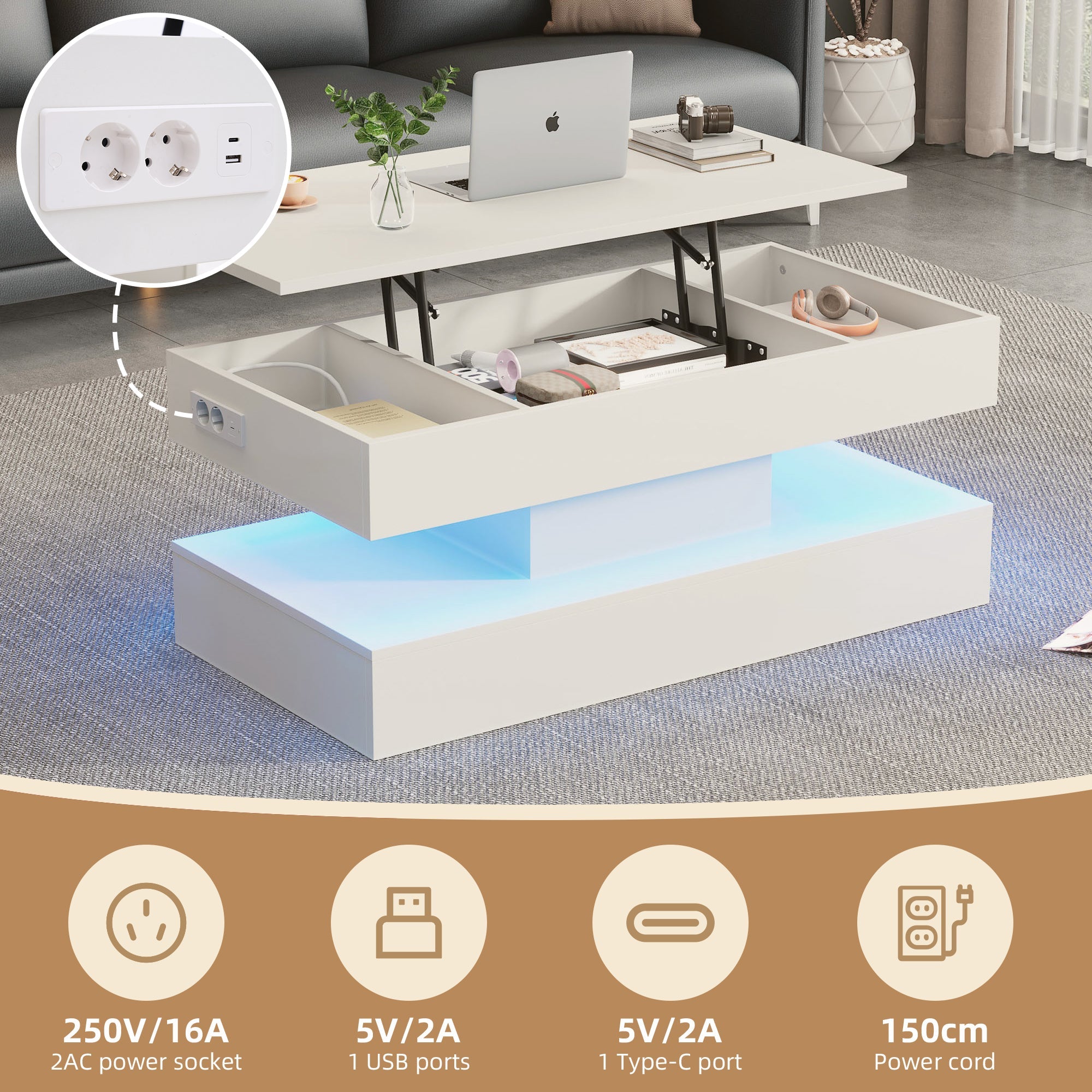 Logidon salontafel LED-verlichting en opbergruimte wit 100x50 cm
