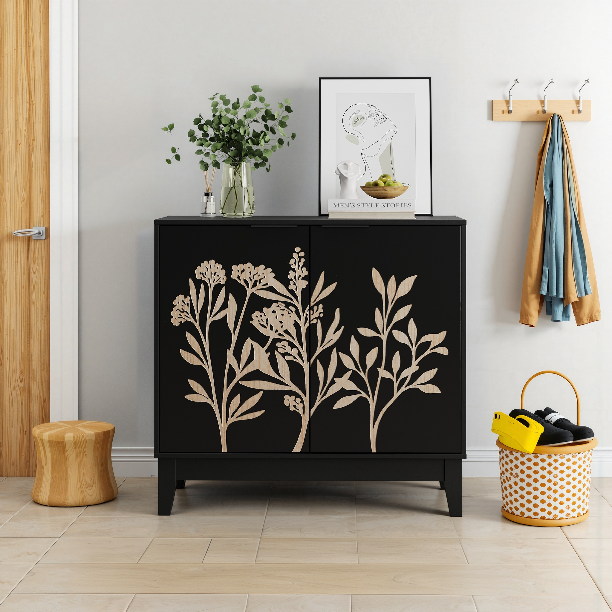 Logidon 80 cm Buffetschrank Schwarz Mit Schnitzwerk Und Verstellbaren Regalen