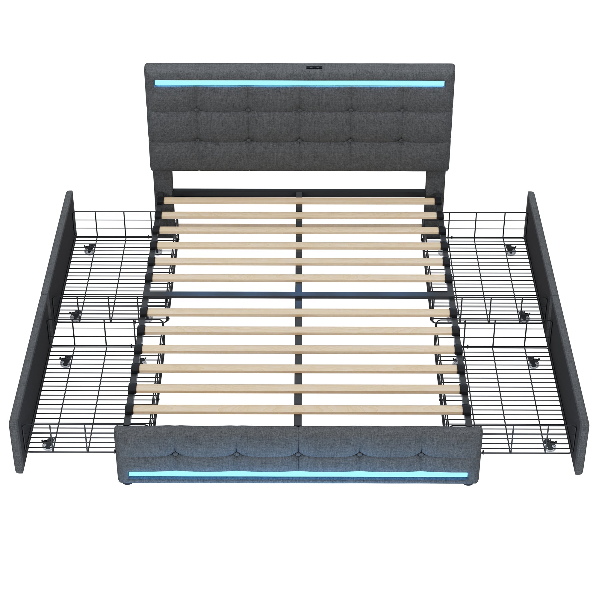 Logidon gestoffeerd bed 140x200 cm grijs LED opbergruimte USB 4 lades