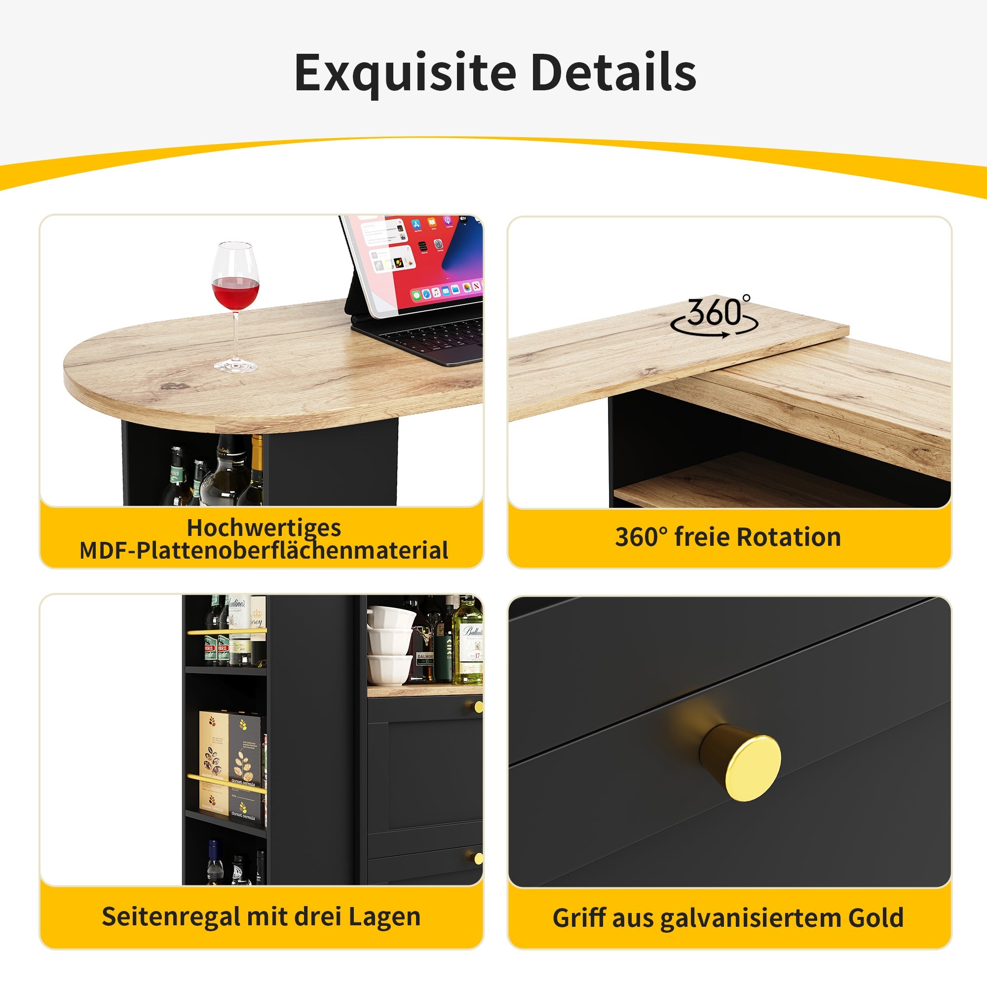 Logidon 360 graden draaibare eetbar zwart 138 cm - 4 lades