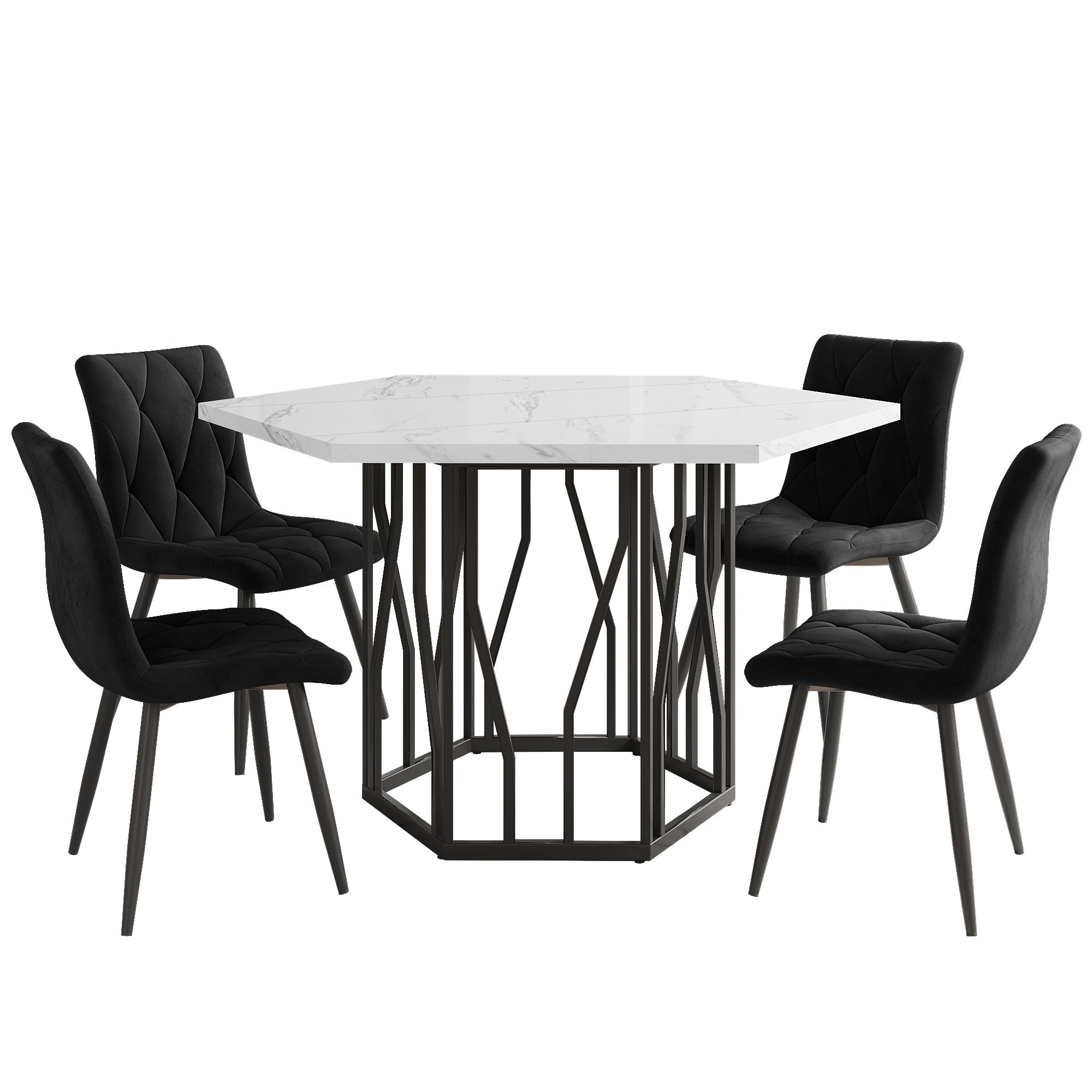 Logidon Hexagon marmeren witte eettafelset en zwart fluwelen stoelen