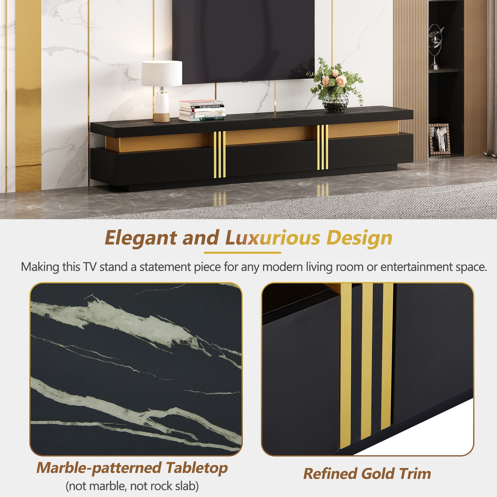 Logidon Zwarte tv-wandmeubelset 2 tv-kast salontafel marmerlook