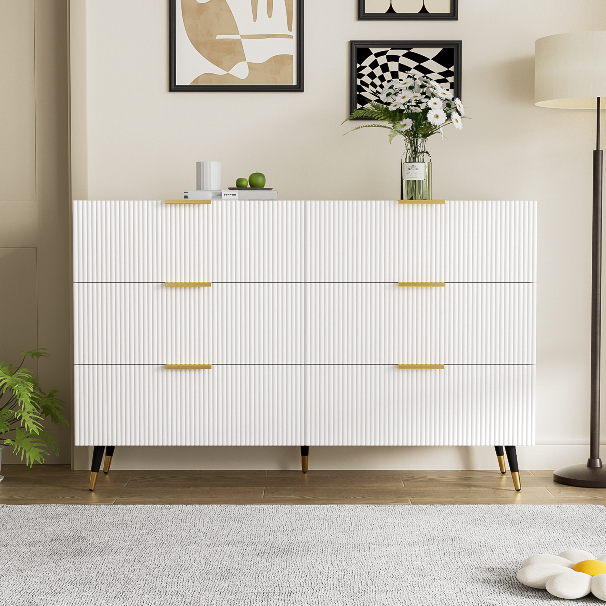 Logidon Elegant sideboard white 120x40x77 cm 6 drawers gold accents