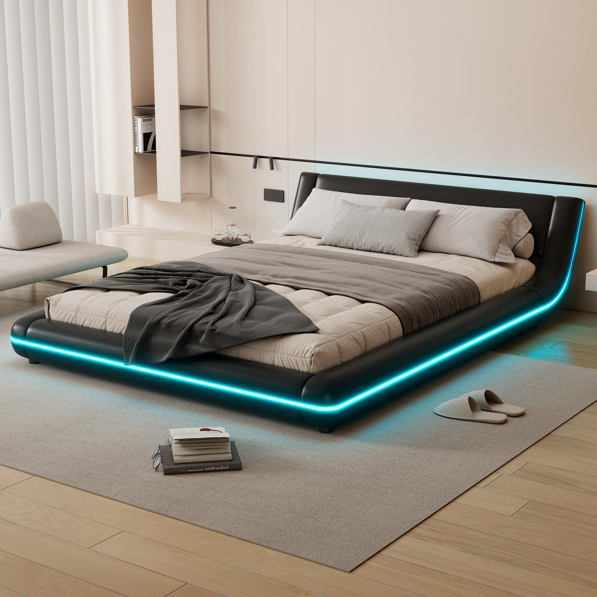Logidon flat bed 140x200 cm faux leather black LED lighting