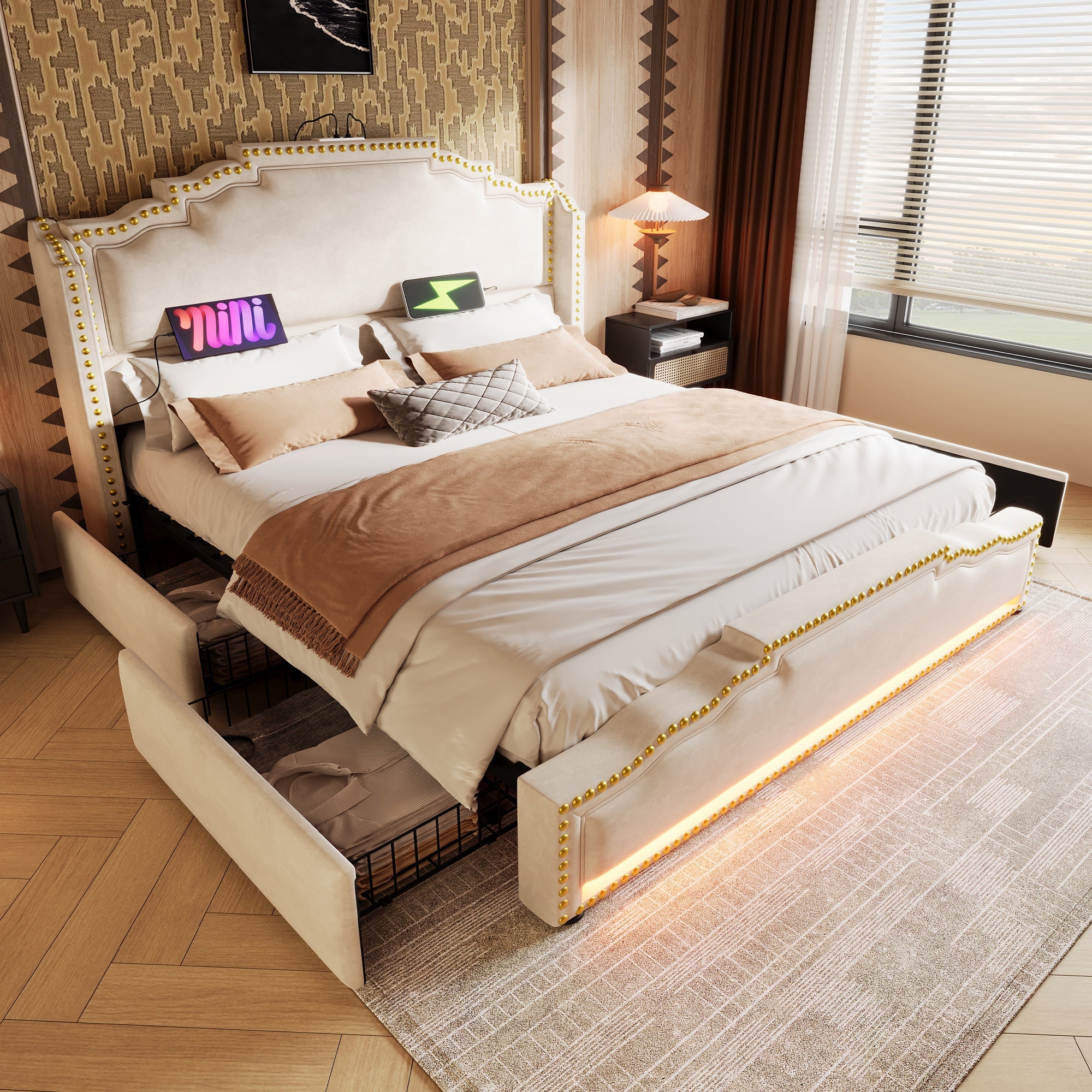 Logidon gestoffeerd bed 140x200 beige met 4 lades LED USB-C