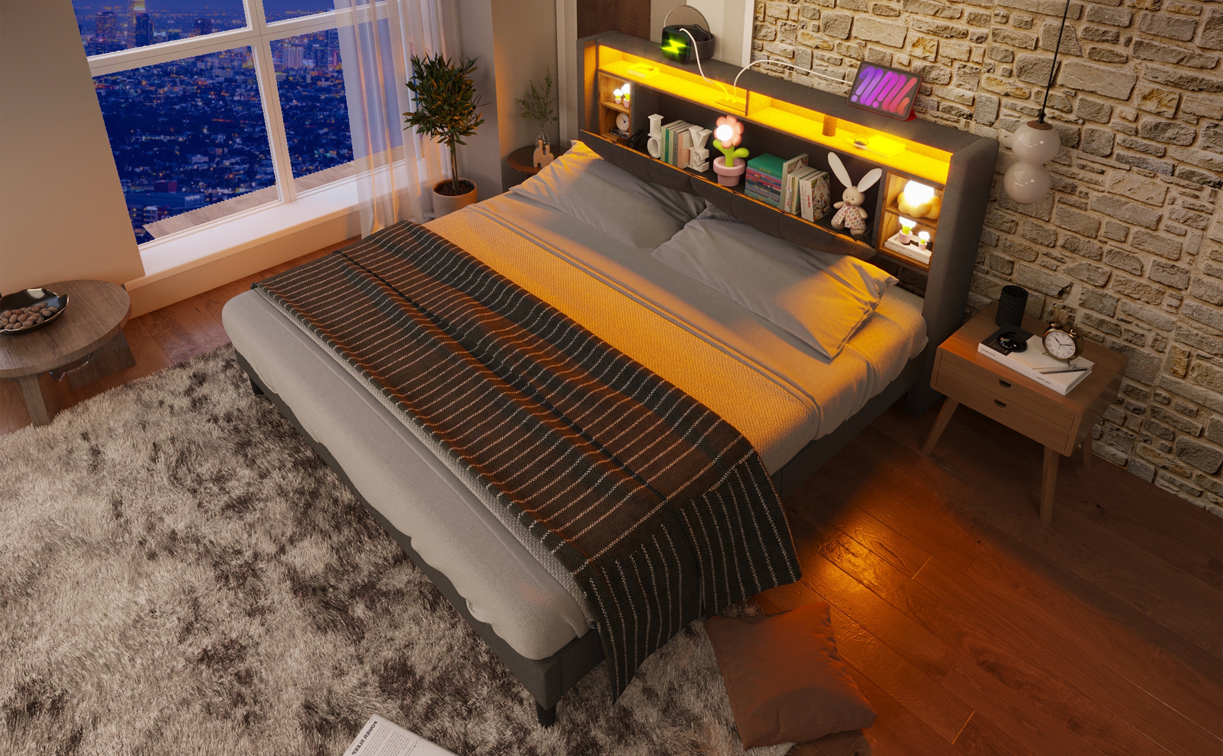 Logidon gestoffeerd bed tweepersoonsbed opbergruimte hoofdbord USB LED grijs 140x200