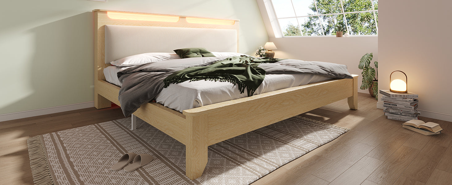 Logidon double bed 140x200 cm beige LED lighting headboard storage space