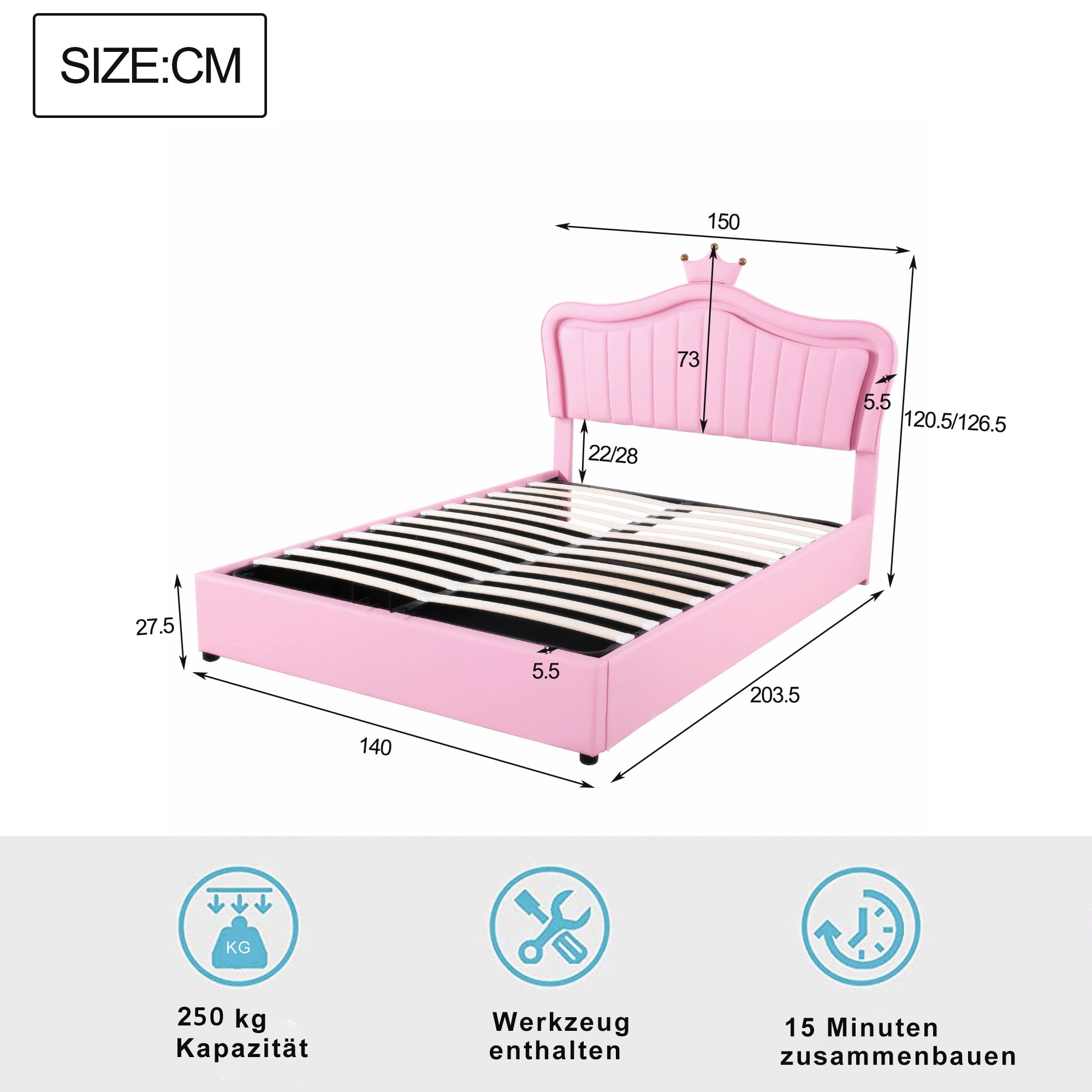 Logidon kinderbed 140x200 roze gestoffeerd bed met hydraulische opbergruimte