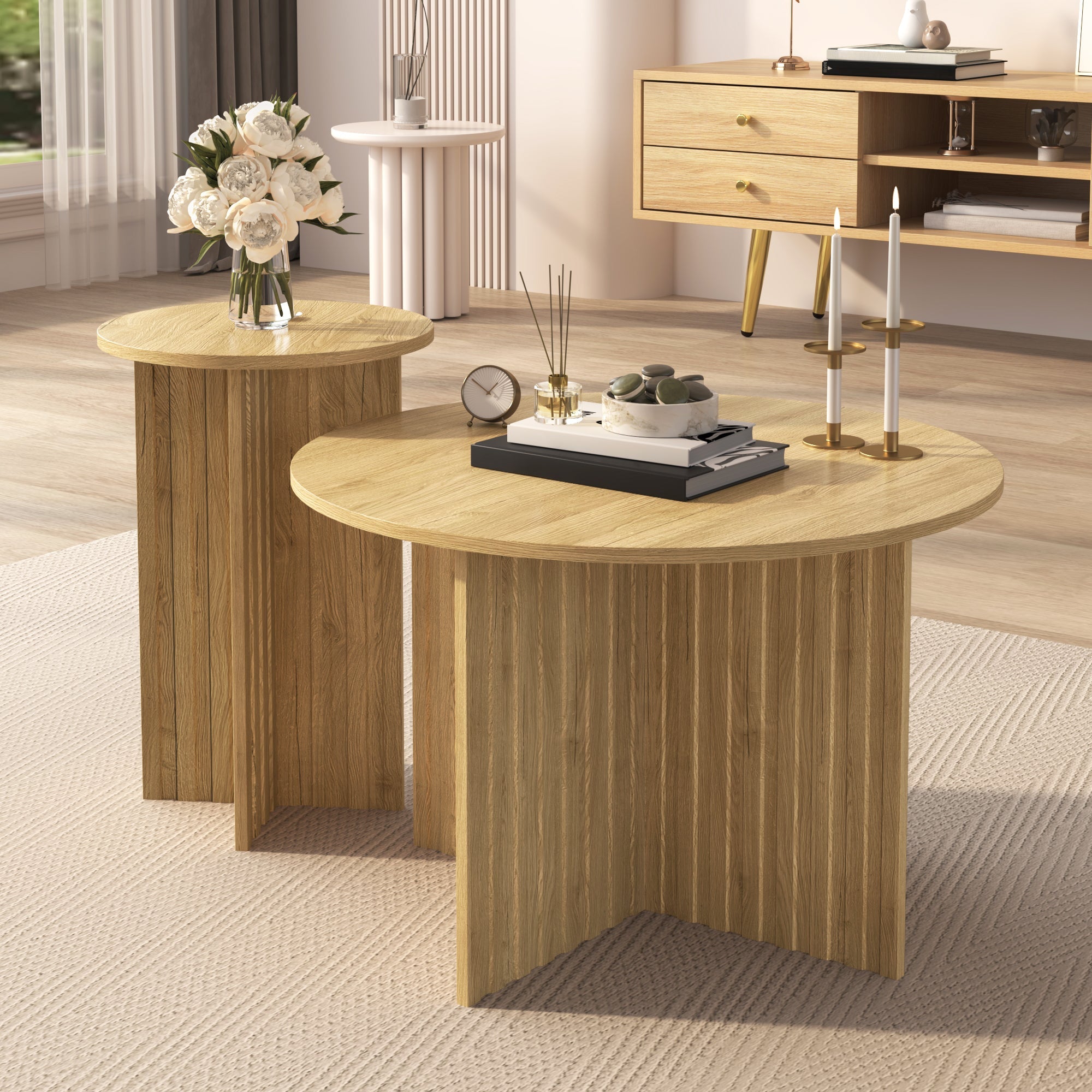 Logidon Nesttafelset 2-delig Naturel Hout Rond 76 Cm Scandinavisch