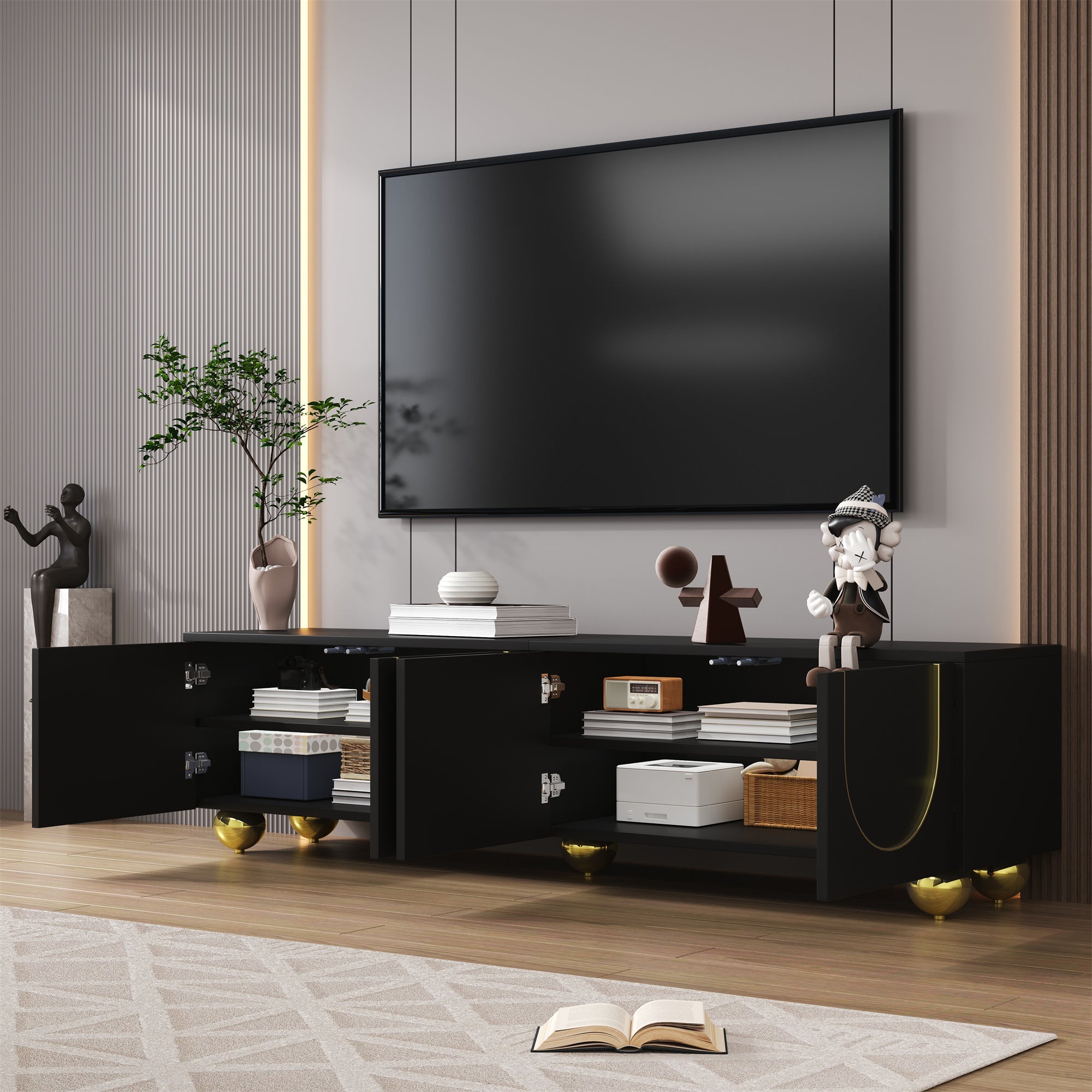 Logidon TV-meubel zwart met gouden accenten en push-to-open 170 cm