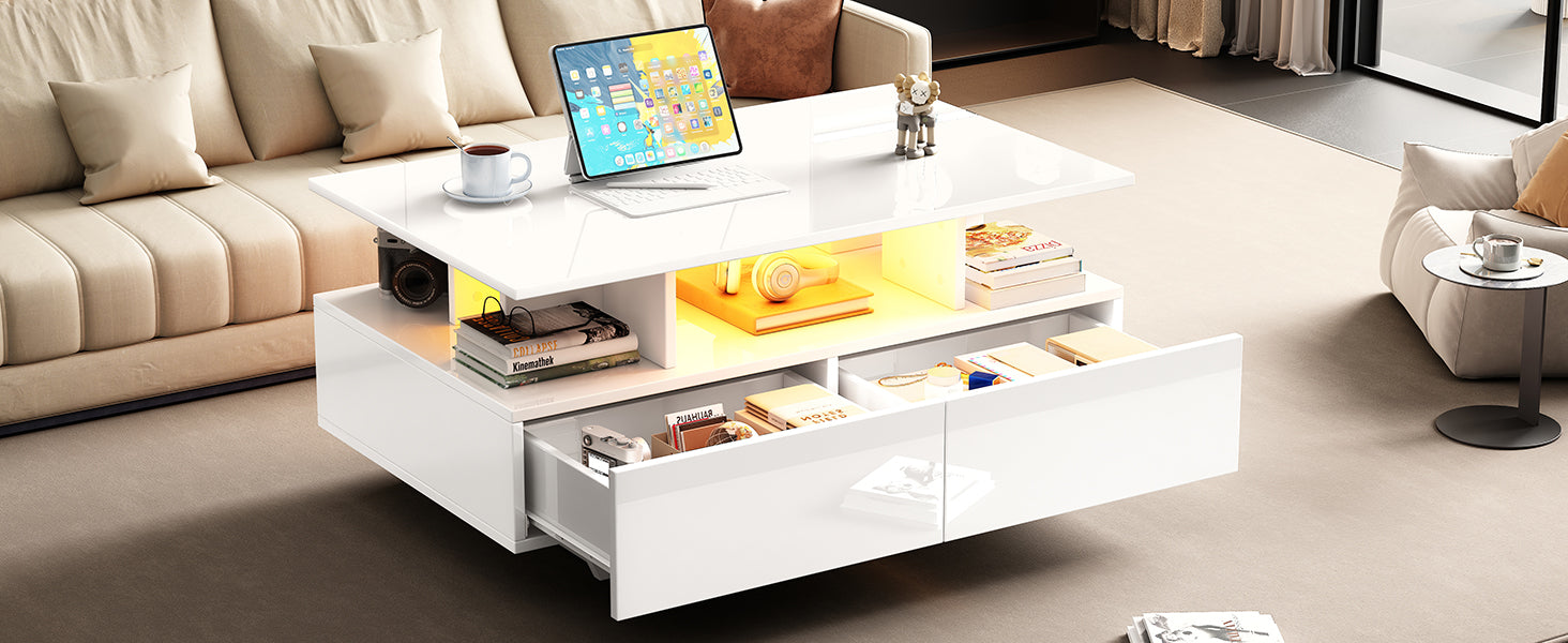 Logidon hoogglans salontafel LED, 2 lades, 90x55x41 cm wit