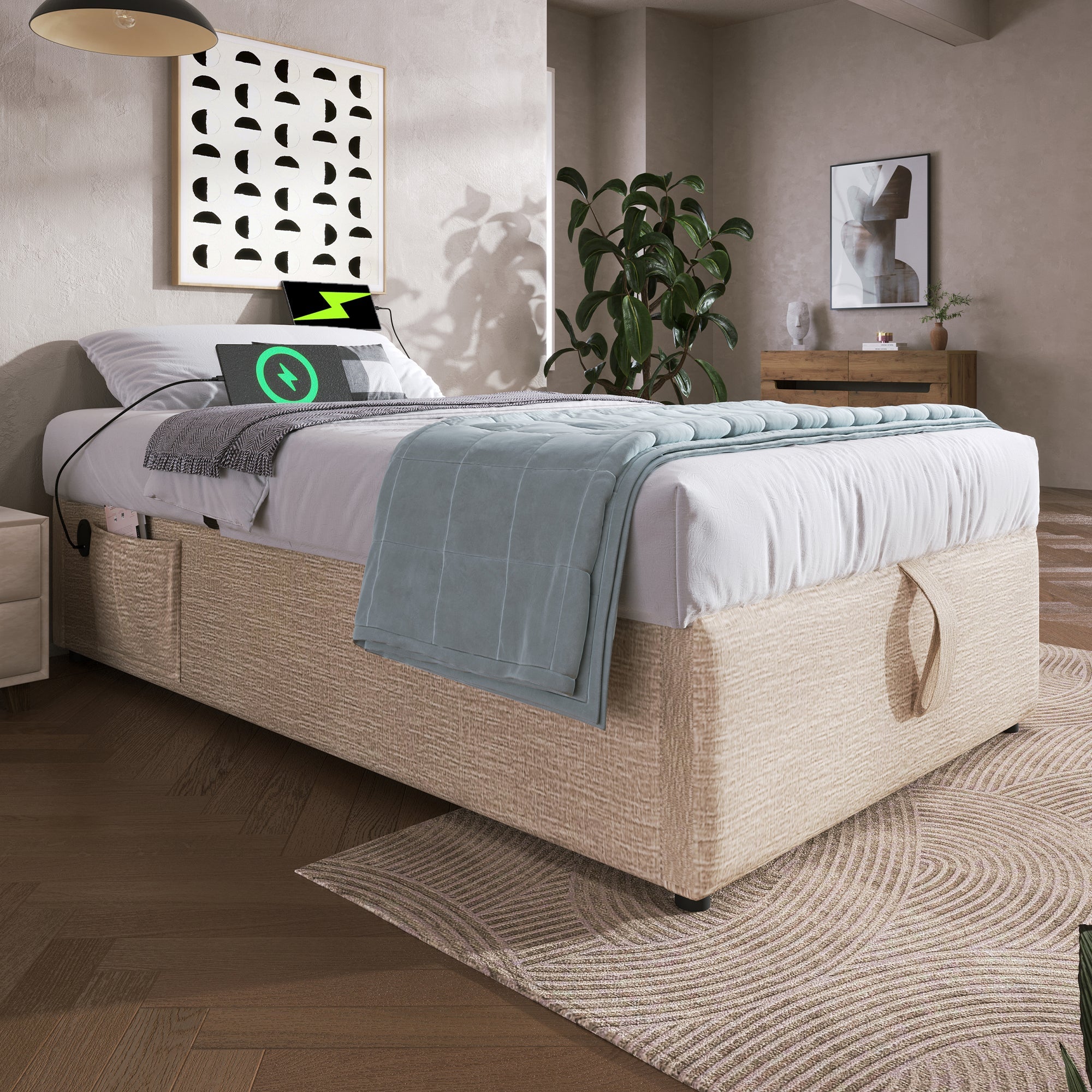 Logidon upholstered bed 90x190 beige USB C bed frame without headboard