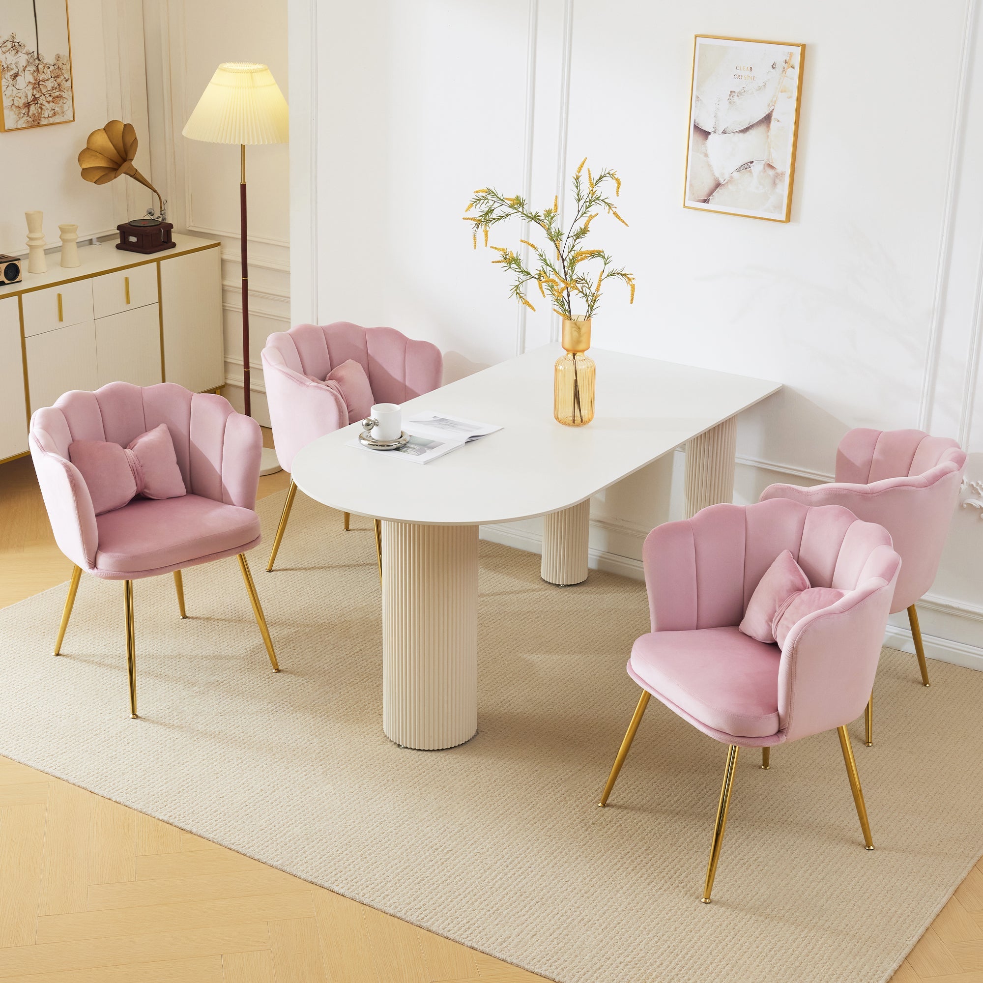 Logidon Set of 4 Pink Velvet Chairs with Petal Backs and Gold Legs