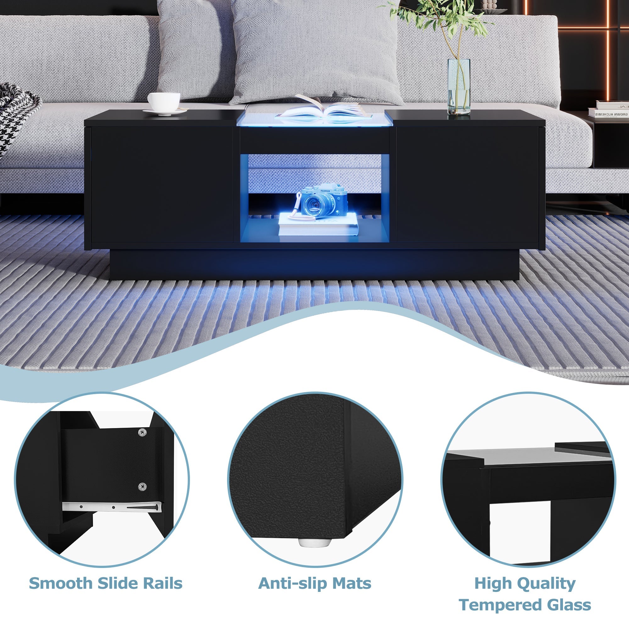 Logidon Zwarte salontafel 100x50x35,5 cm glaspanelen LED