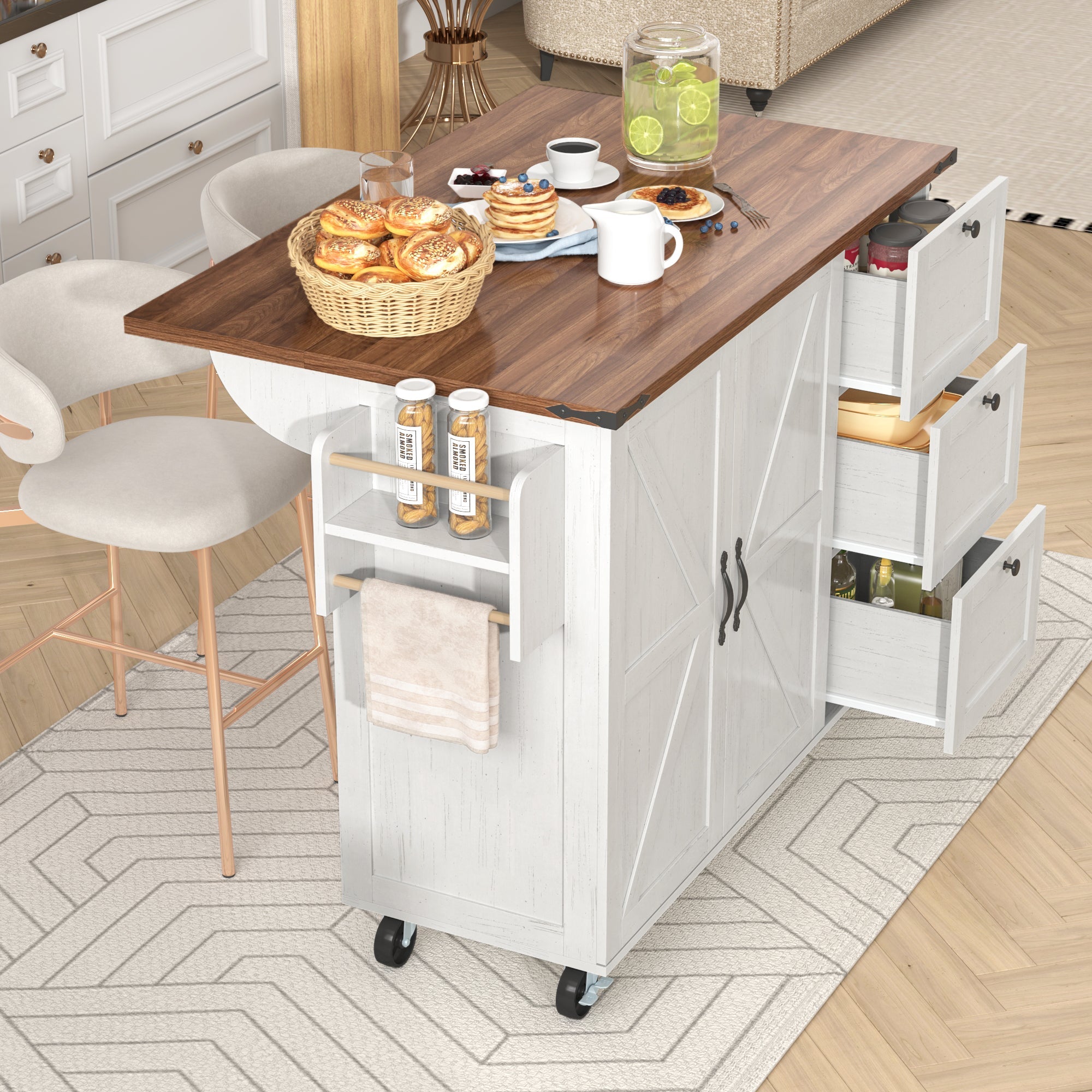 Logidon kitchen island with extendable worktop beige MDF 140 x 45 cm