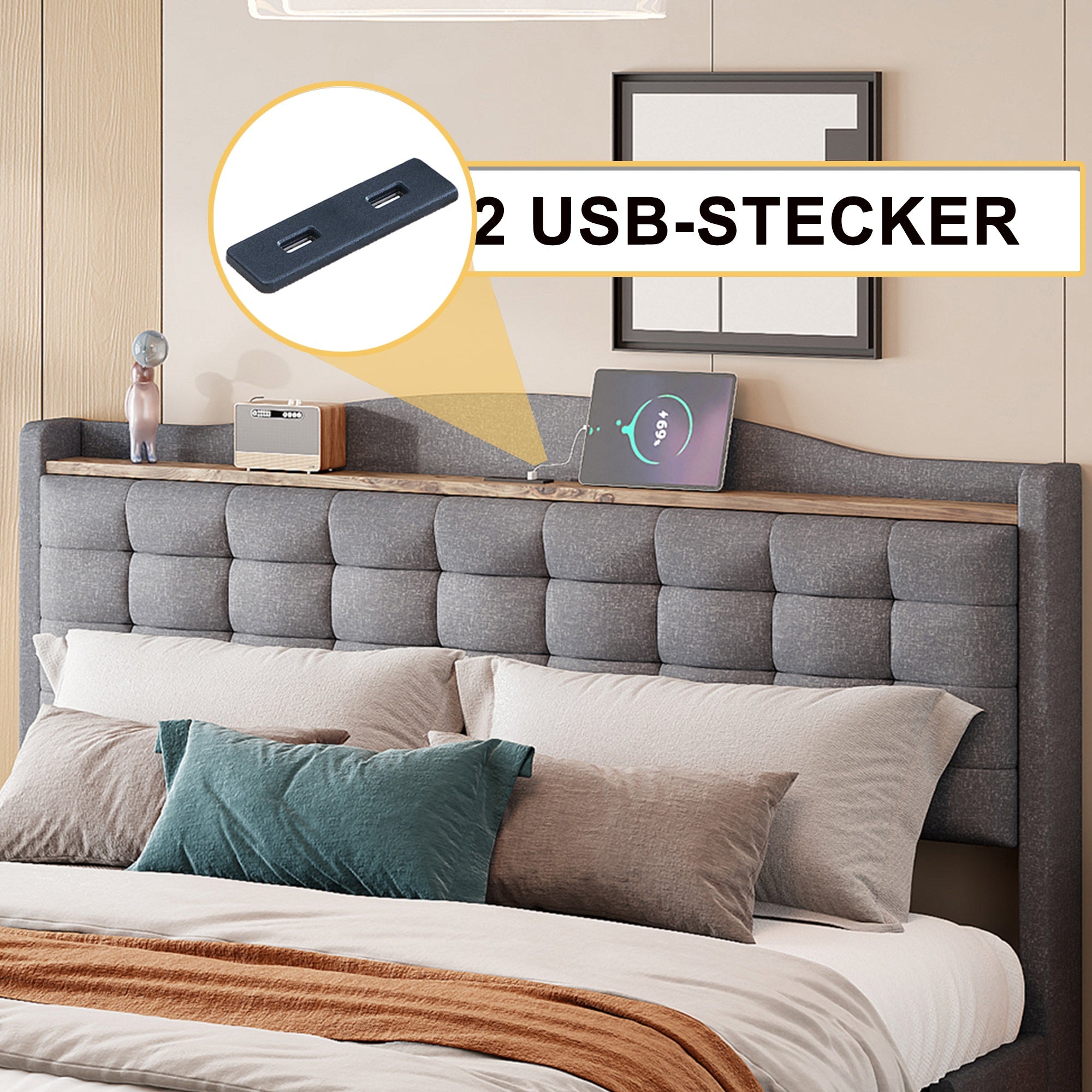 Logidon upholstered bed 160x200 cm gray with USB charging port and shelf