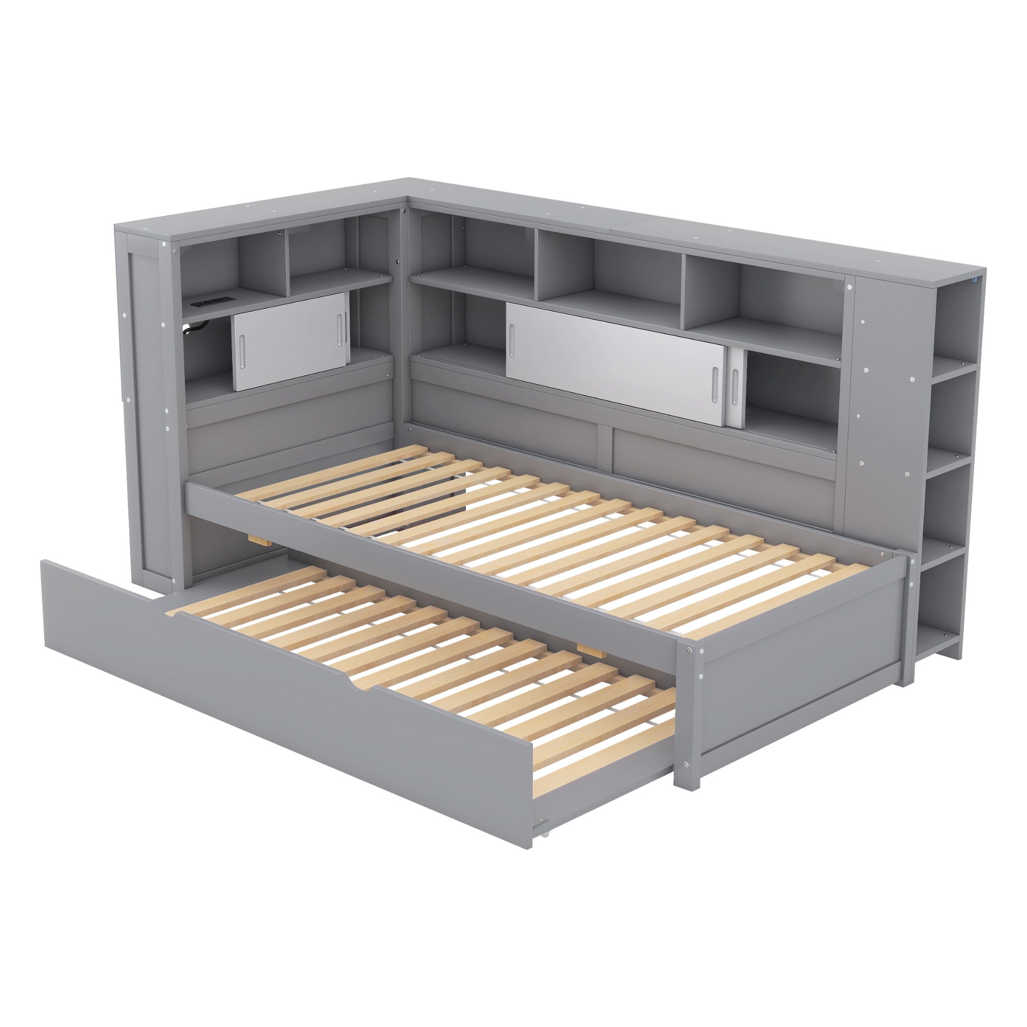Logidon daybed 90x200 cm grijs met uitschuifbaar bed USB opbergvak