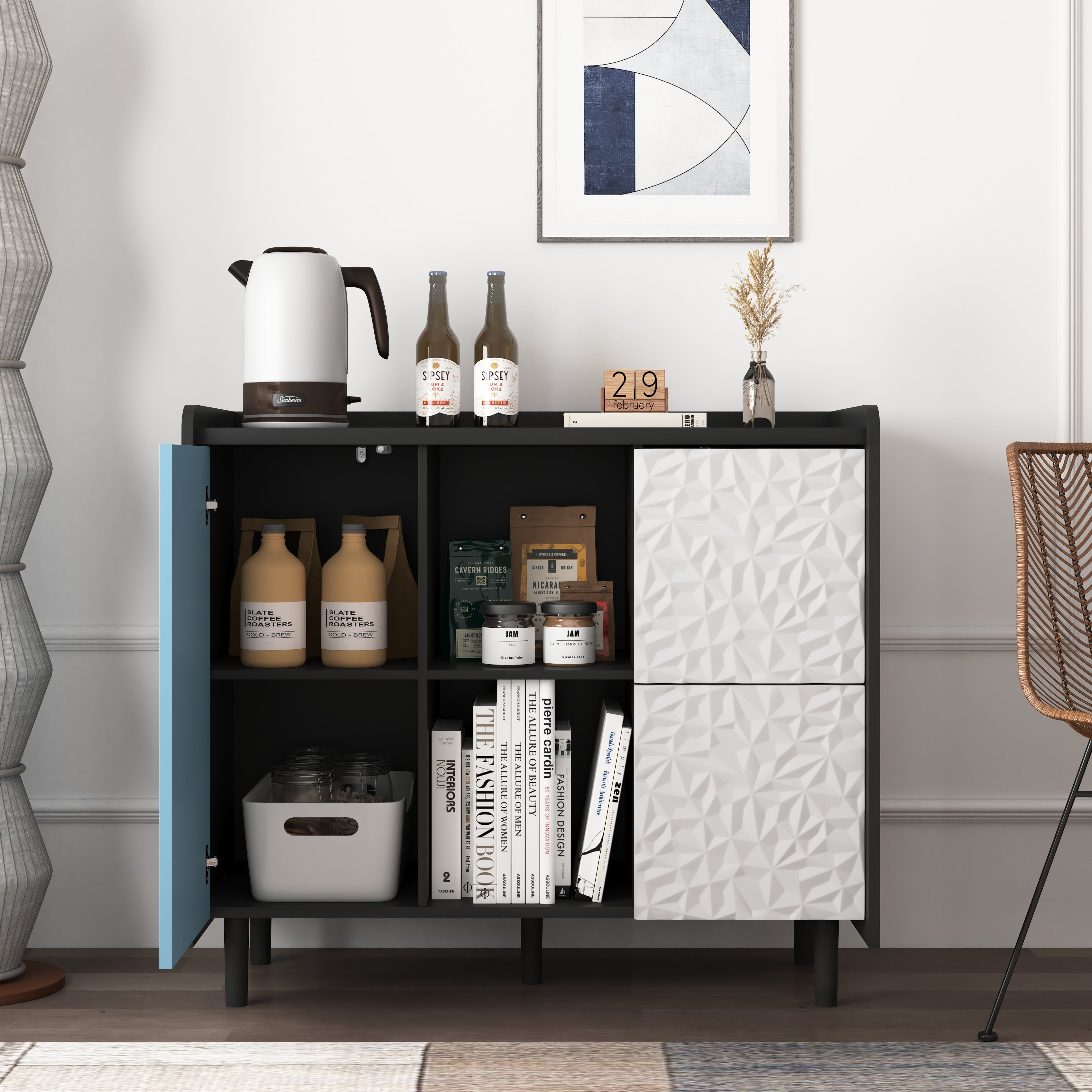 Logidon Dressoir Buffetkast 90 cm Blauw Wit Geometrische Fronten
