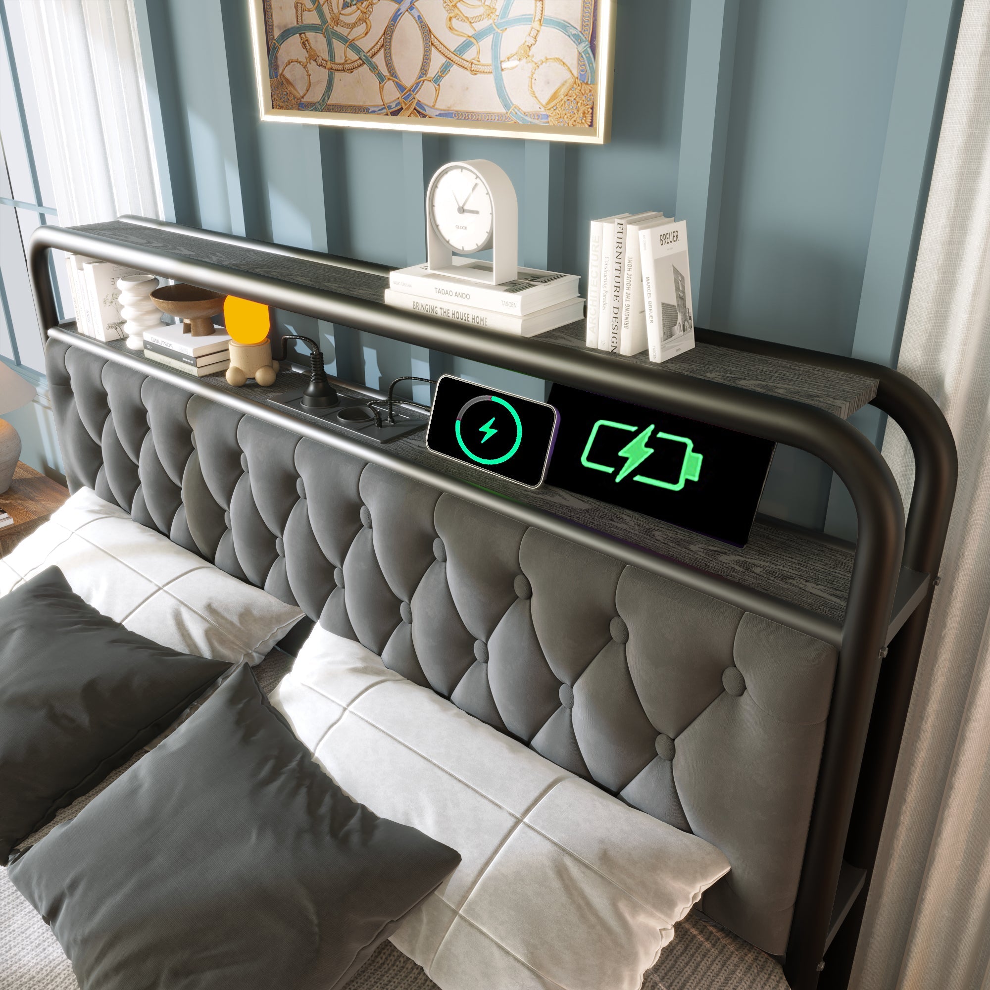 Logidon gestoffeerd bed 140x200 tweepersoonsbed met USB C oplaadfunctie fluweelgrijs