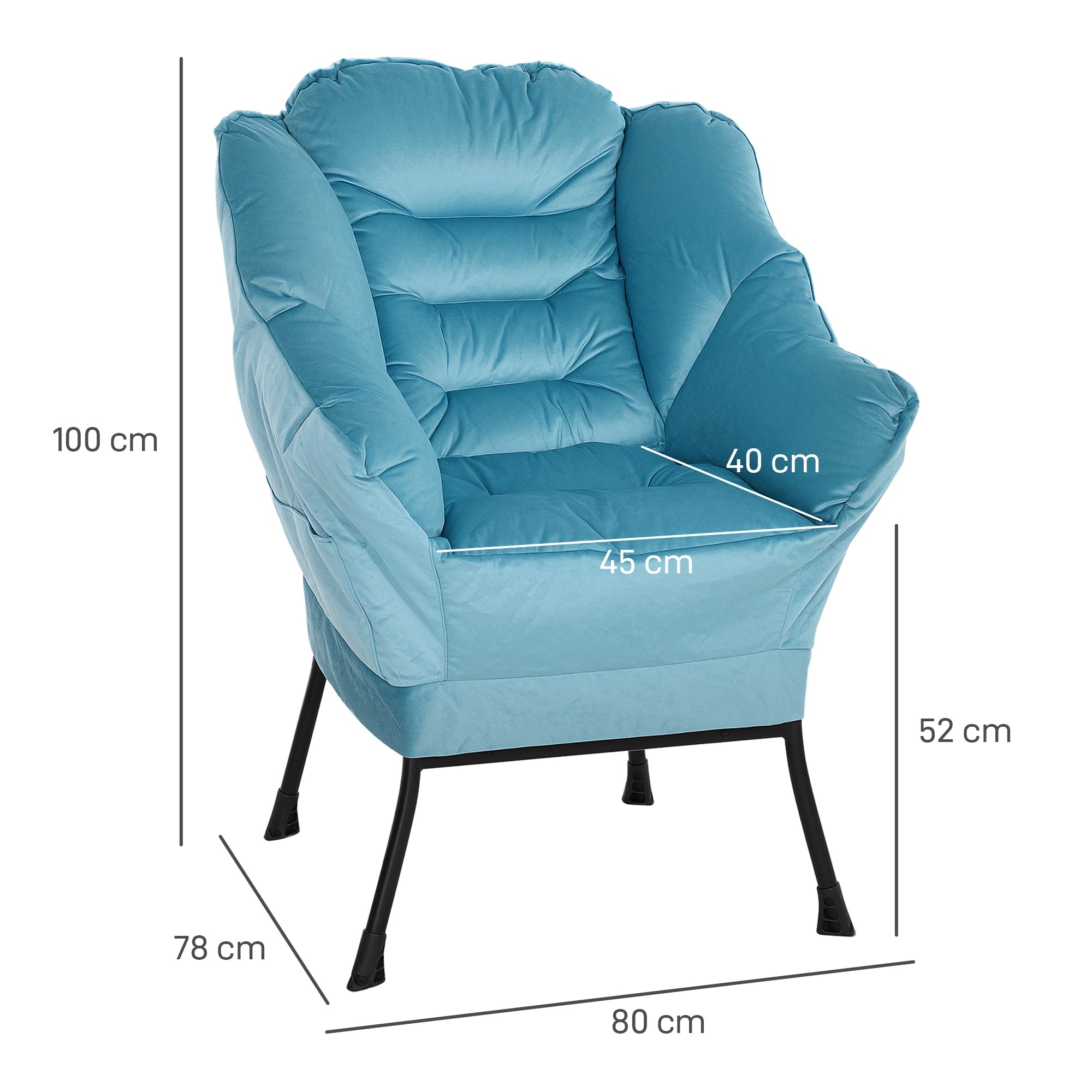 Logidon loungestoel blauw fluweellook met zijvak stalen poten
