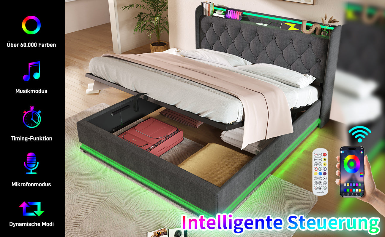 Logidon gestoffeerd bed tweepersoonsbed 180x200 cm grijs linnen LED-verlichting USB C