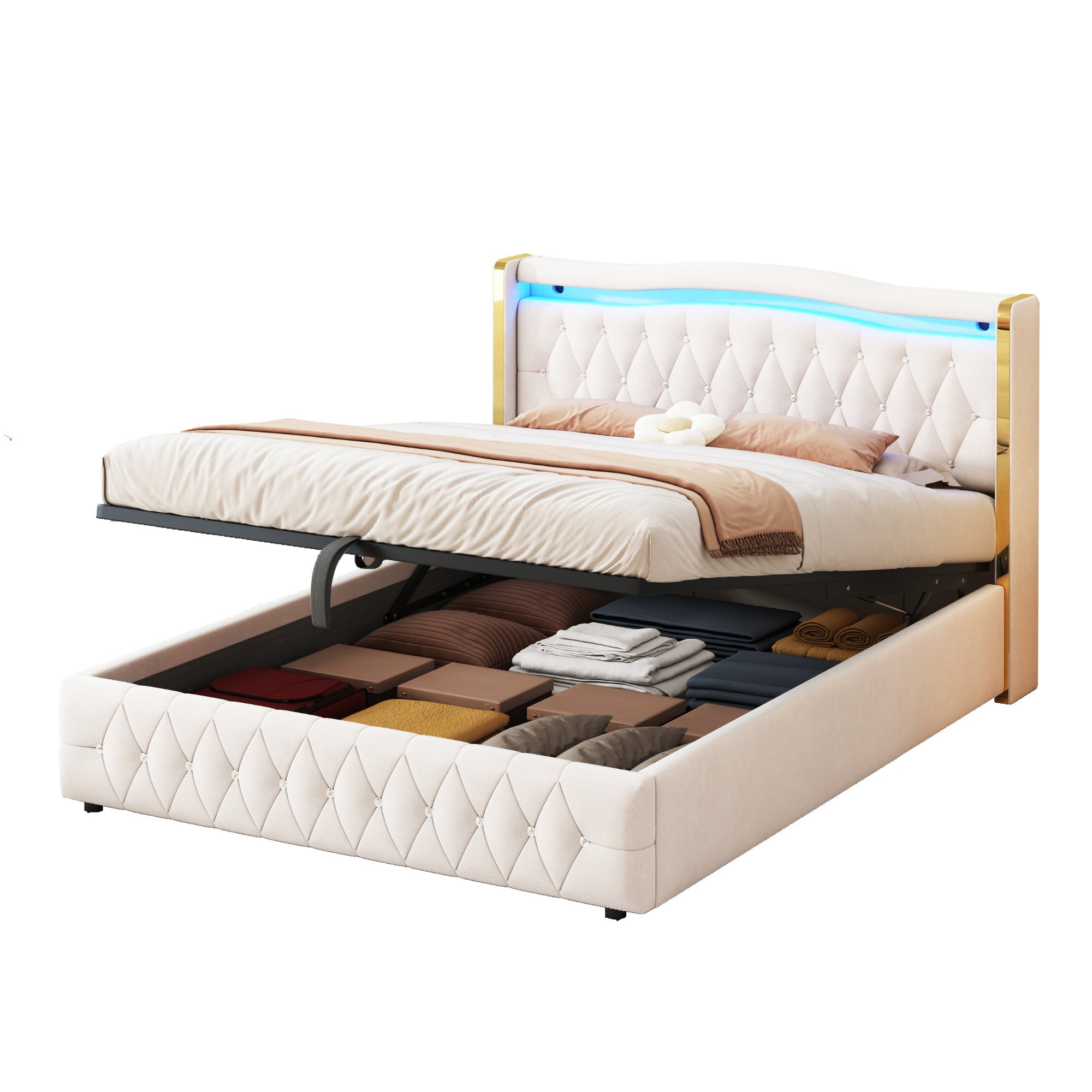Logidon stoffen bed 160x200 beige fluweel LED-opbergruimte