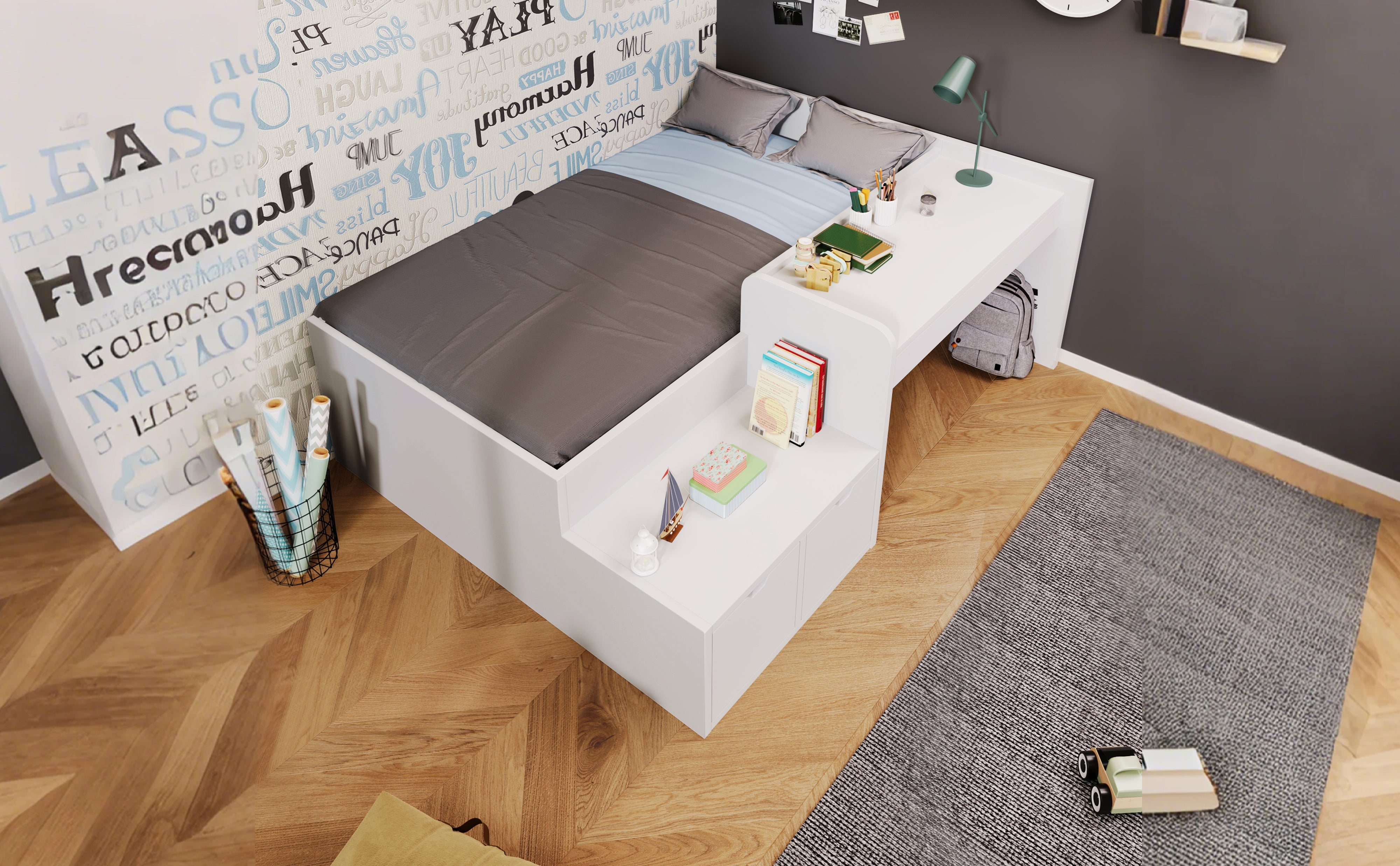 Logidon kinderbed 90x200 massief hout wit met bureau en opbergruimte