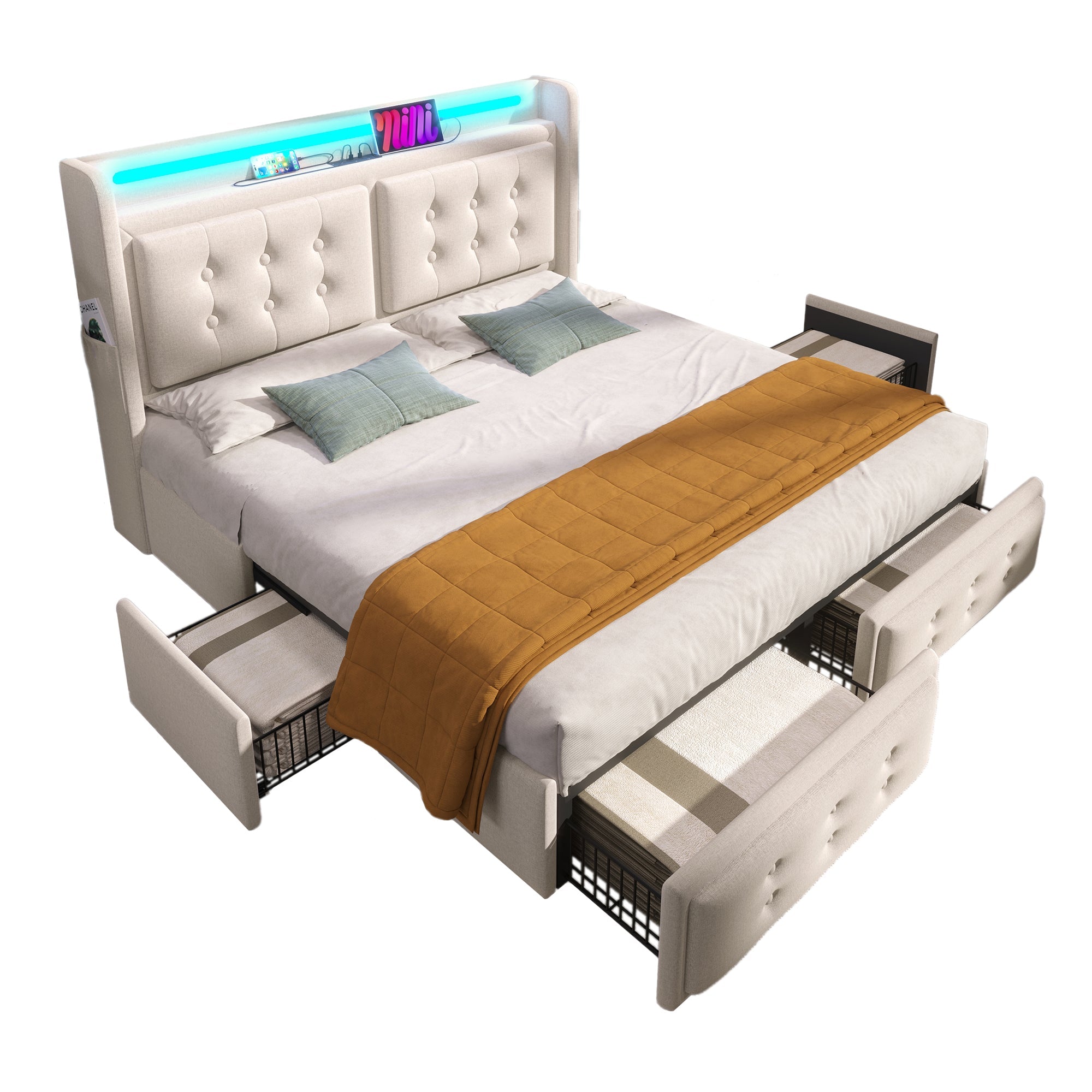 Logidon gestoffeerd bed 140x200 met LED-hoofdeinde, USB-C, beige, 4 laden