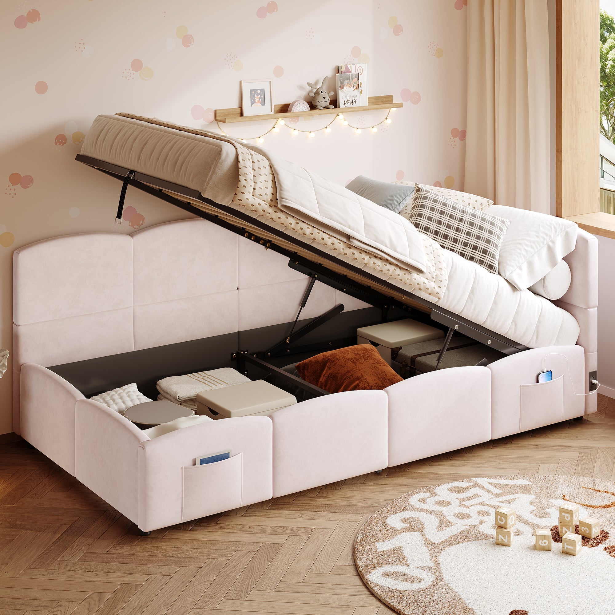 Logidon fluweel gestoffeerd bed roze 90x200 met lattenbodem en opbergruimte