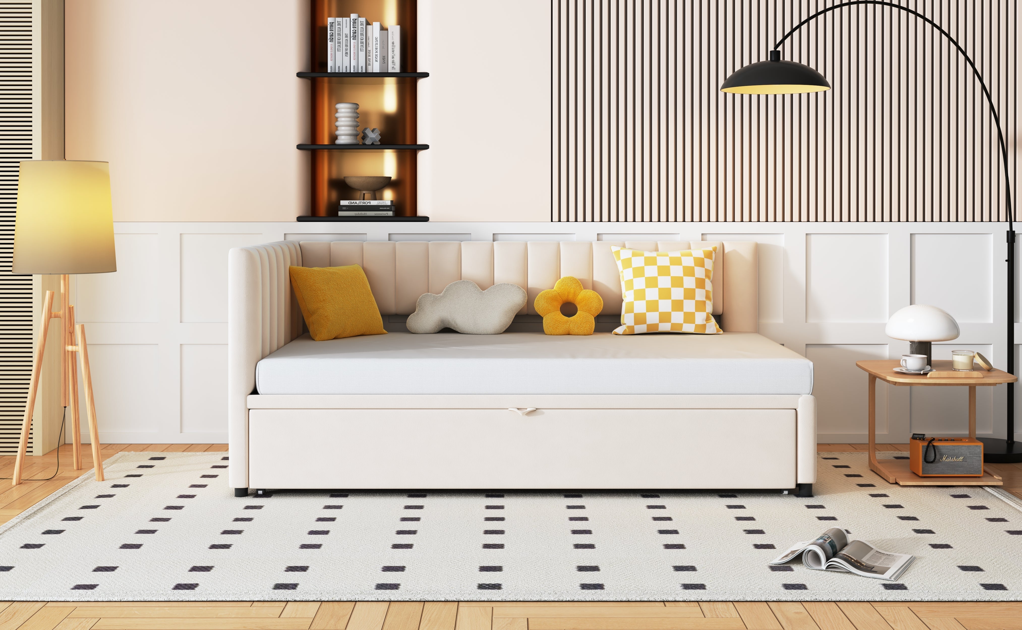 Logidon sofa bed L-shape beige velvet pull-out bed 90/180x200