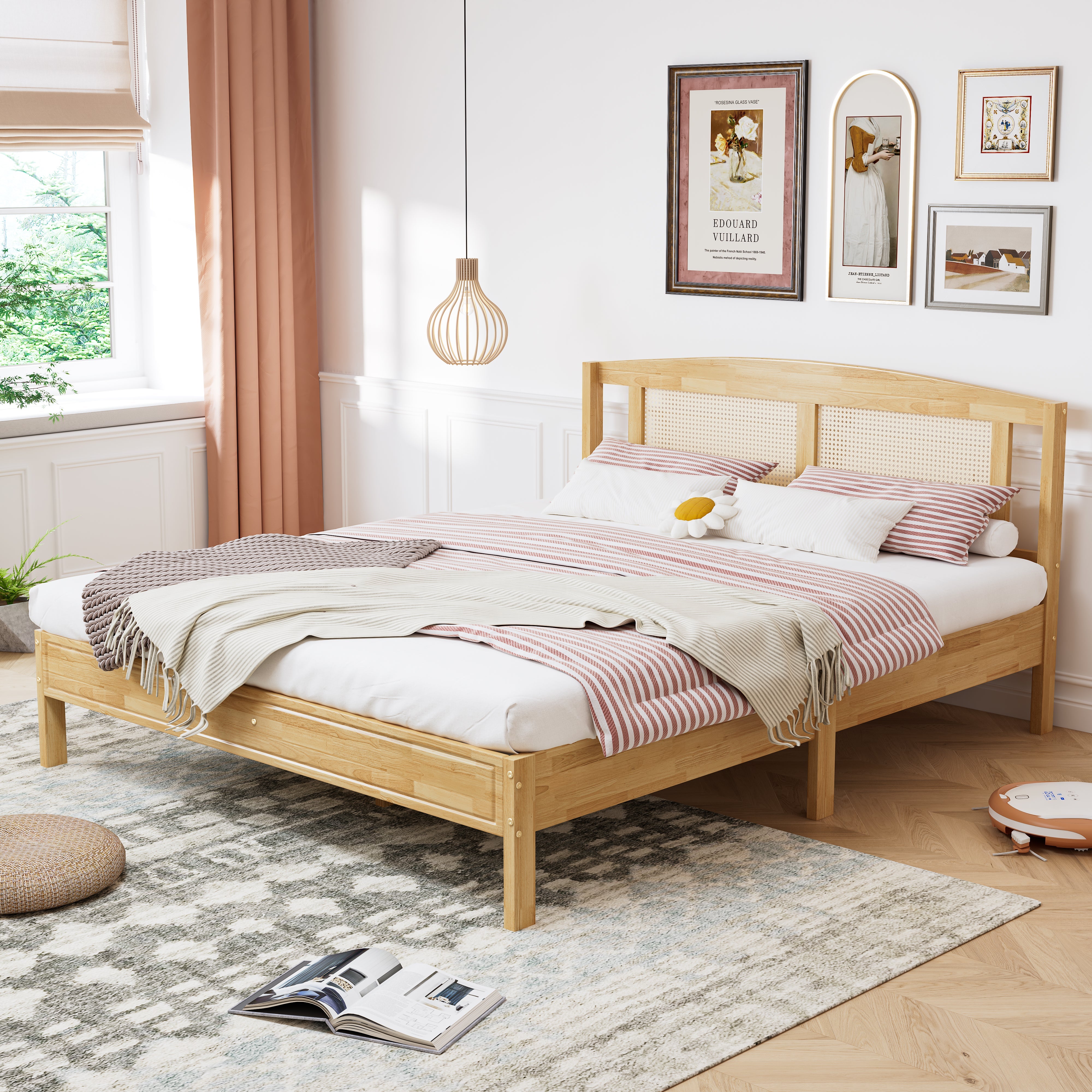 Logidon double bed 160x200 cm wood with natural rattan 15 slats