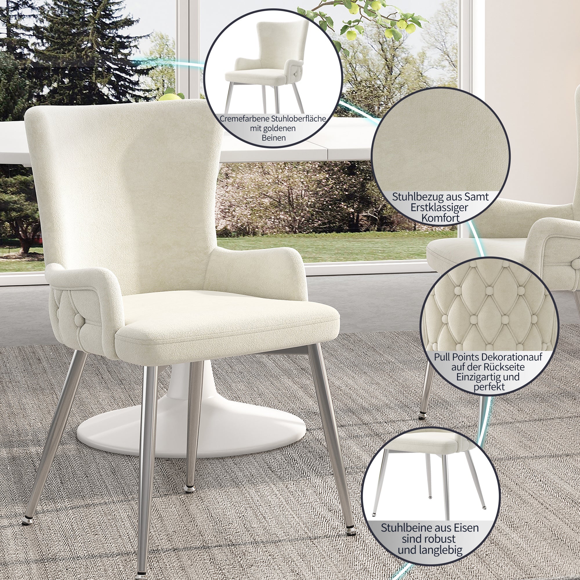 Logidon Velvet Dining Chair Set 6 Beige With Silver Metal Legs