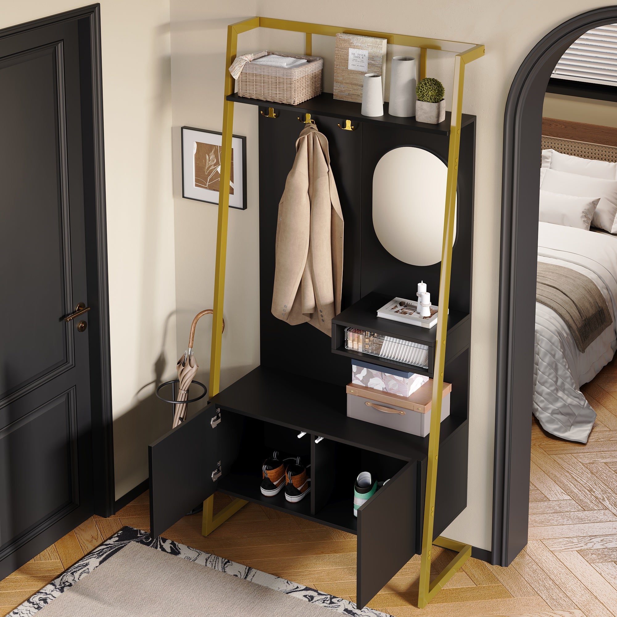 Logidon Modern Compact Wardrobe Box Mirror Shoe Bench Black 78 x 38.5 x 180.5 cm