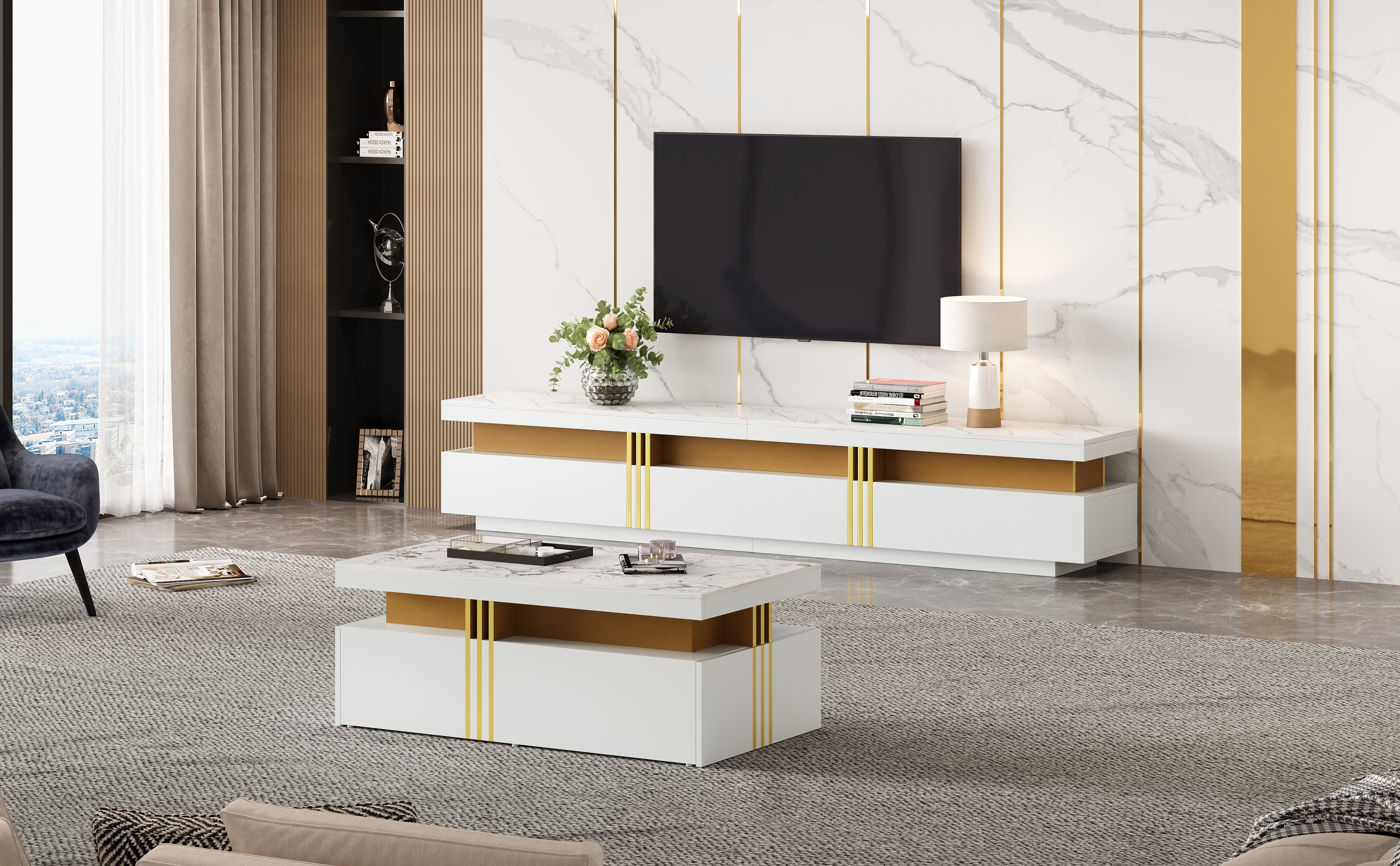 Logidon TV wandkastenset wit goud strepen multifunctioneel