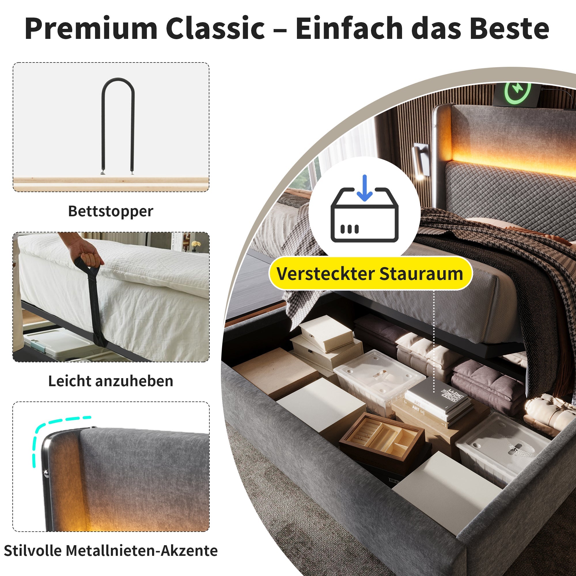 Logidon hydraulisch bed 90x200 grijs linnenlook met opbergruimte LED